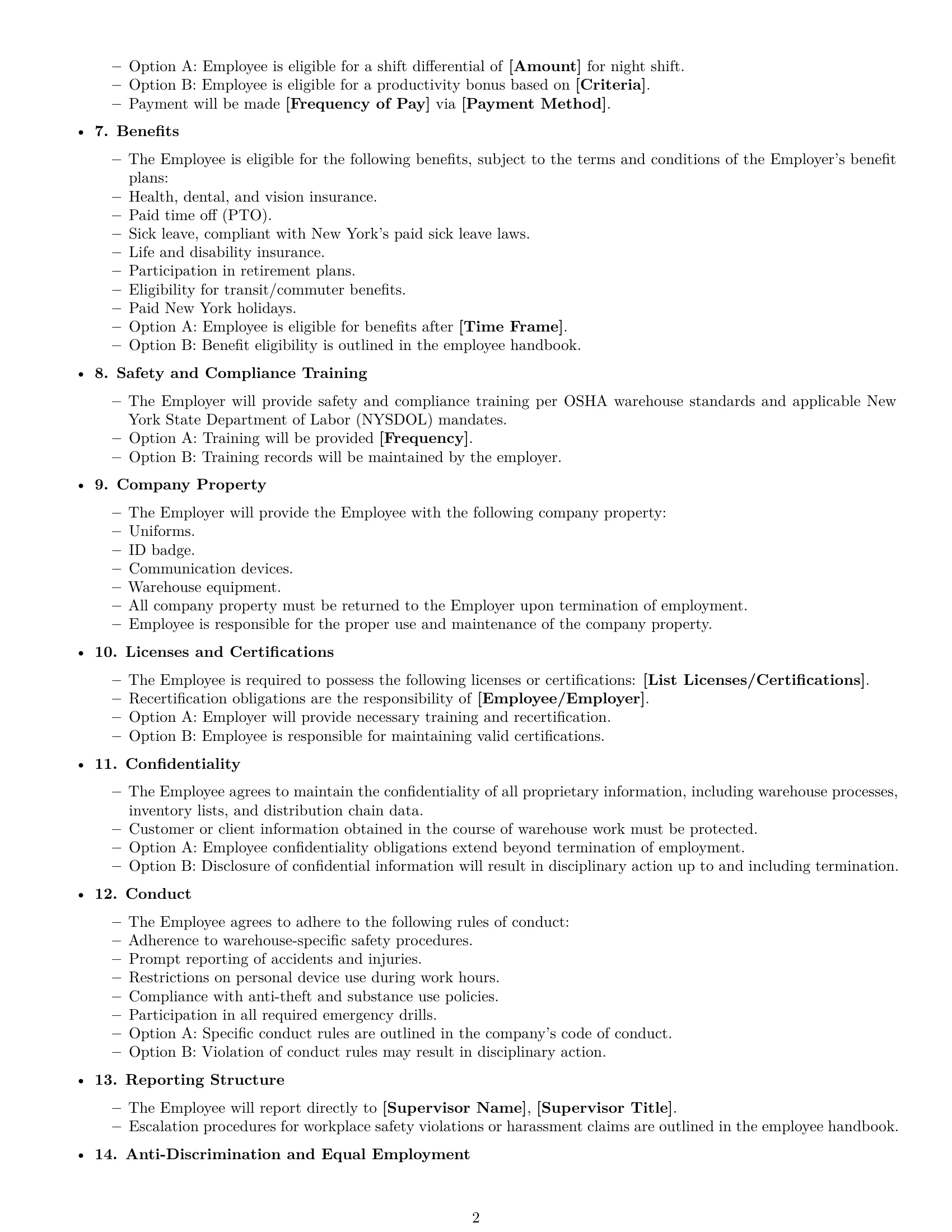 Preview page 2 of Free New York warehouse worker employment contract template