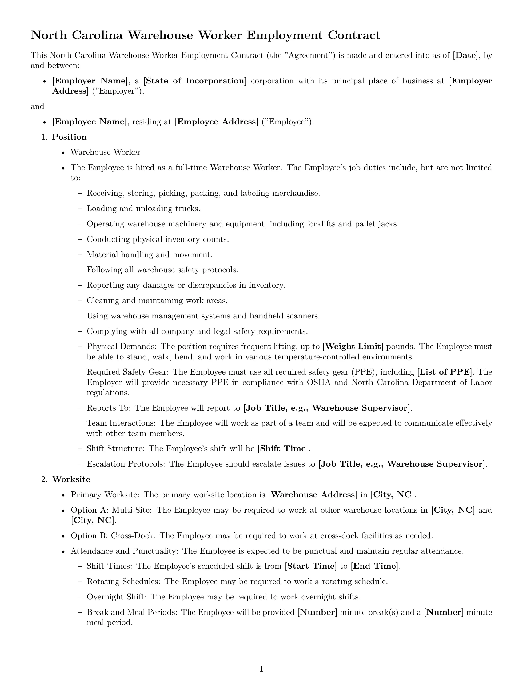 Preview page 1 of Free North Carolina warehouse worker employment contract template