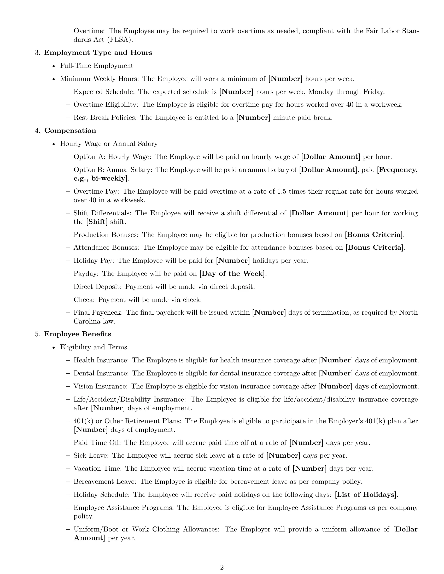 Preview page 2 of Free North Carolina warehouse worker employment contract template