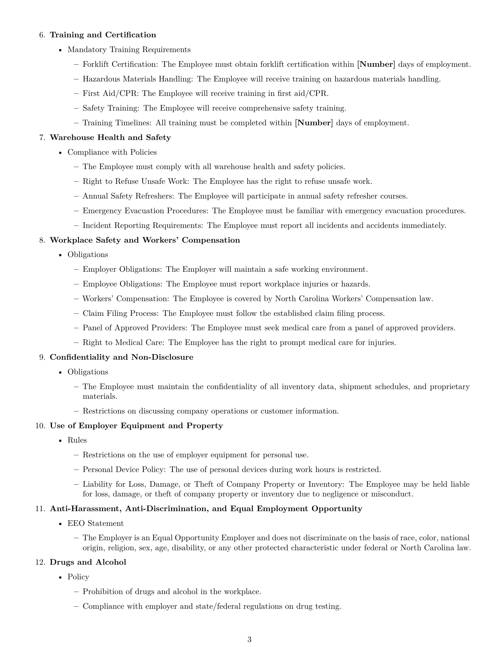 Preview page 3 of Free North Carolina warehouse worker employment contract template