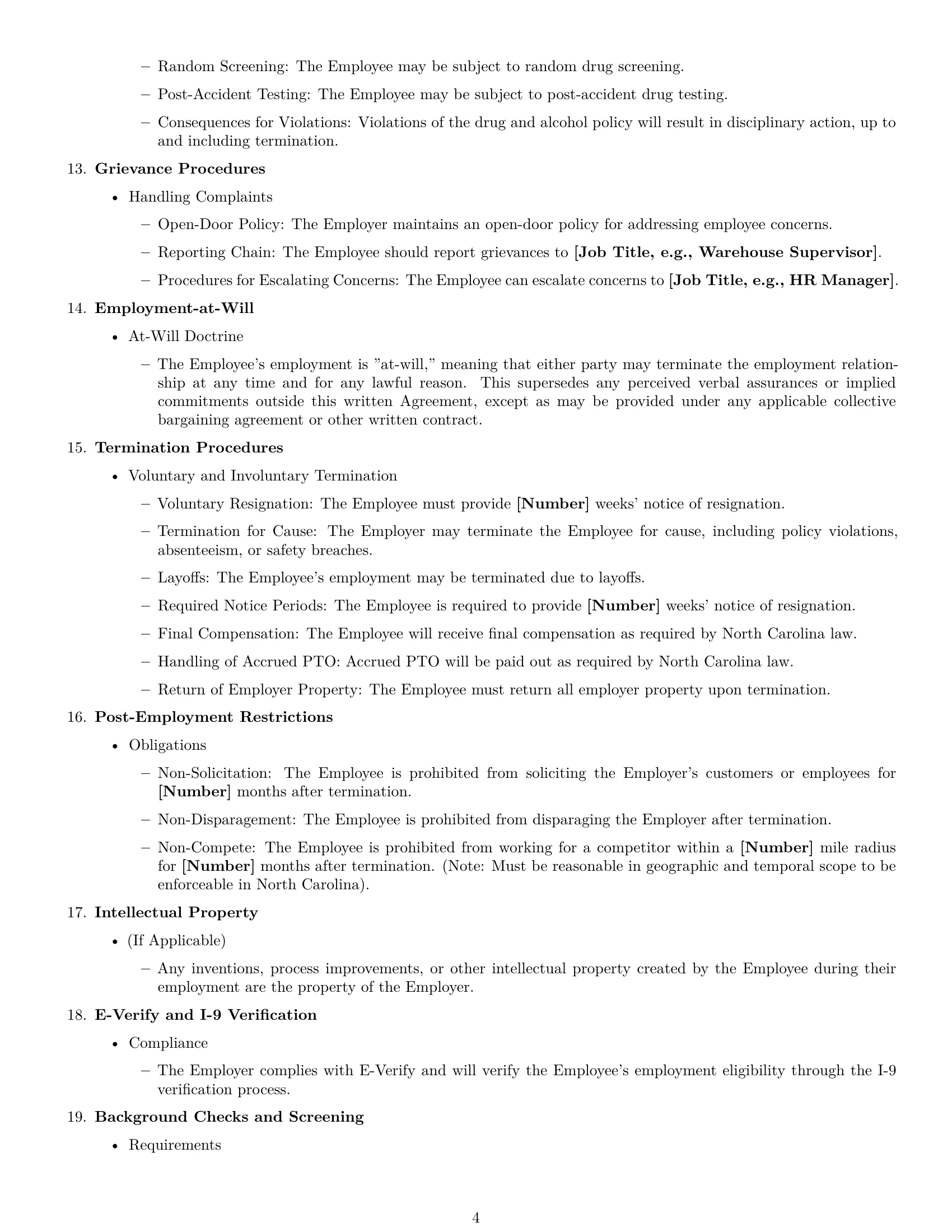 Preview page 4 of Free North Carolina warehouse worker employment contract template