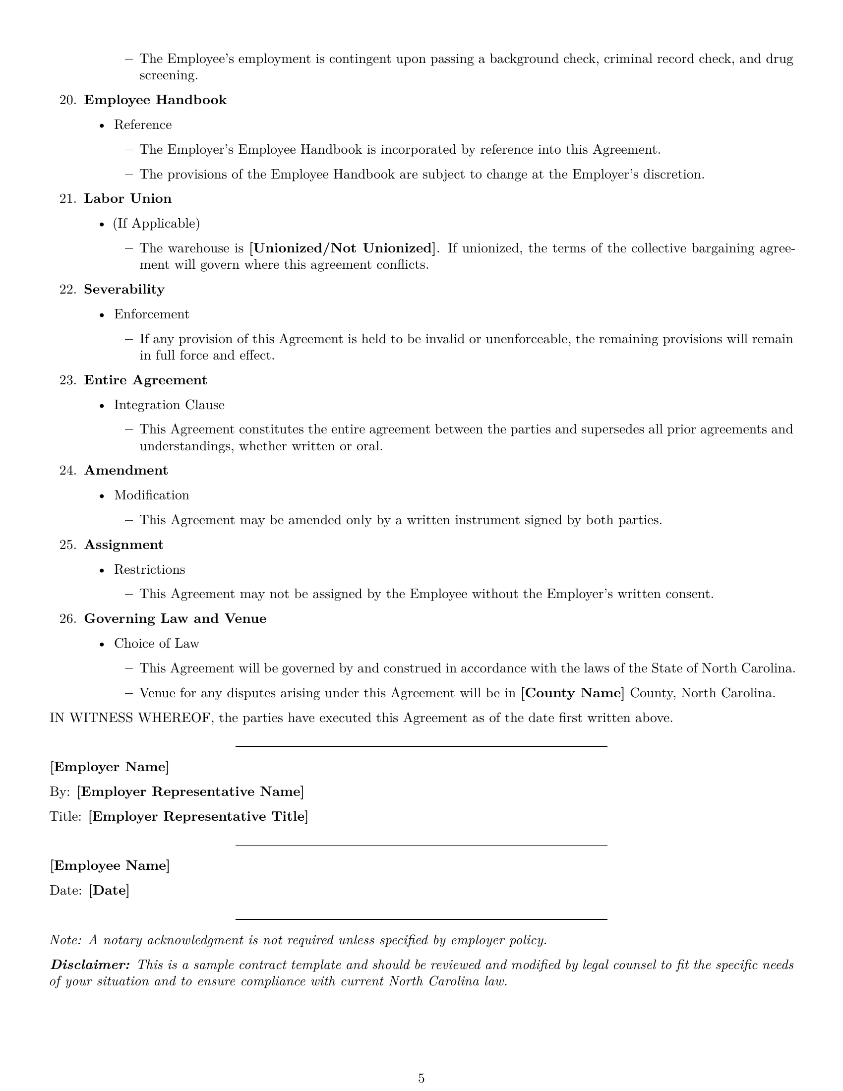 Preview page 5 of Free North Carolina warehouse worker employment contract template