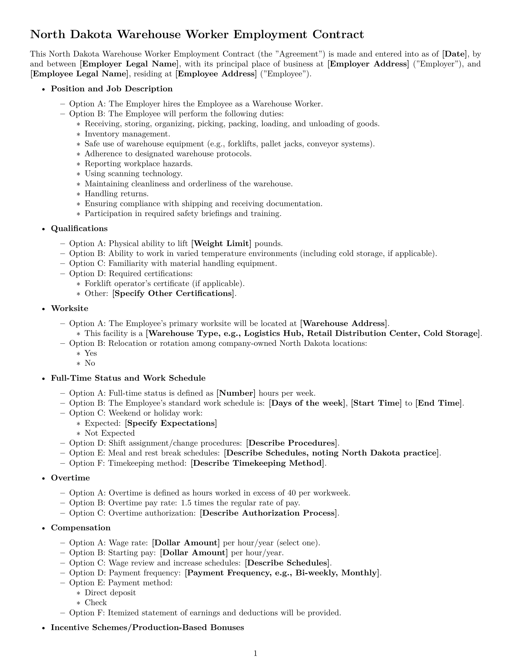 Preview page 1 of Free North Dakota warehouse worker employment contract template