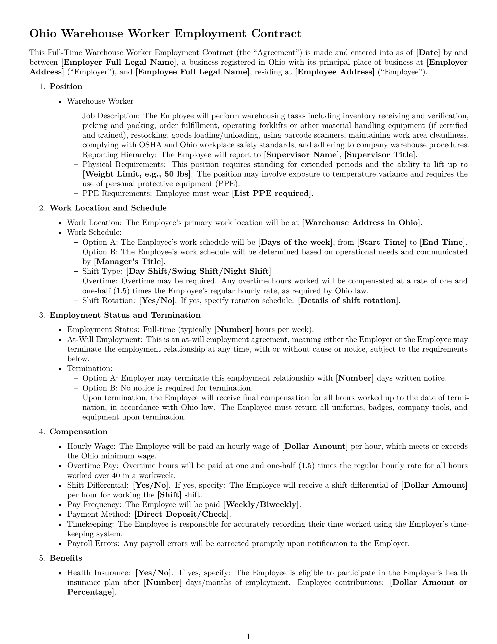 Preview page 1 of Free Ohio warehouse worker employment contract template