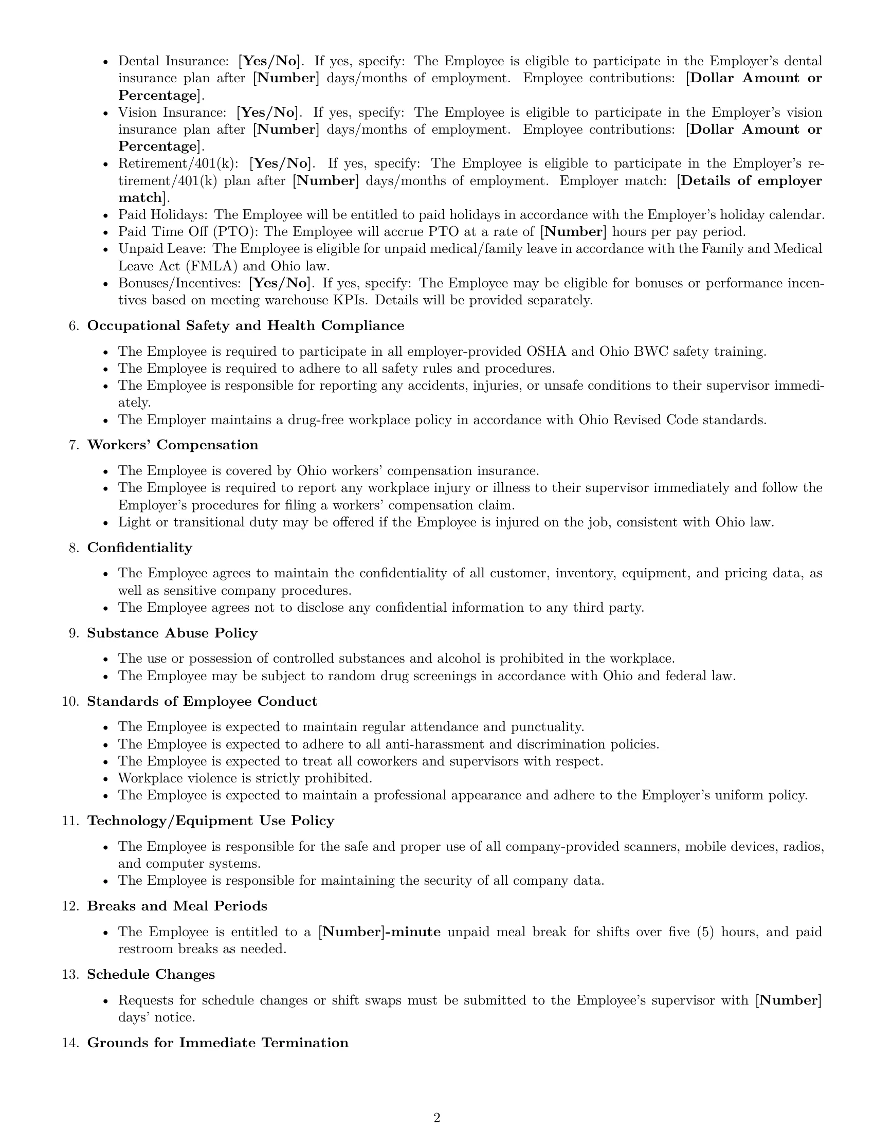 Preview page 2 of Free Ohio warehouse worker employment contract template