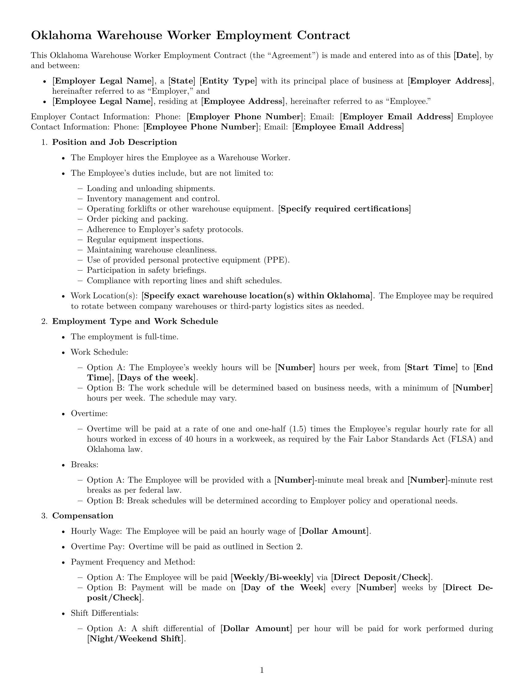 Preview page 1 of Free Oklahoma warehouse worker employment contract template