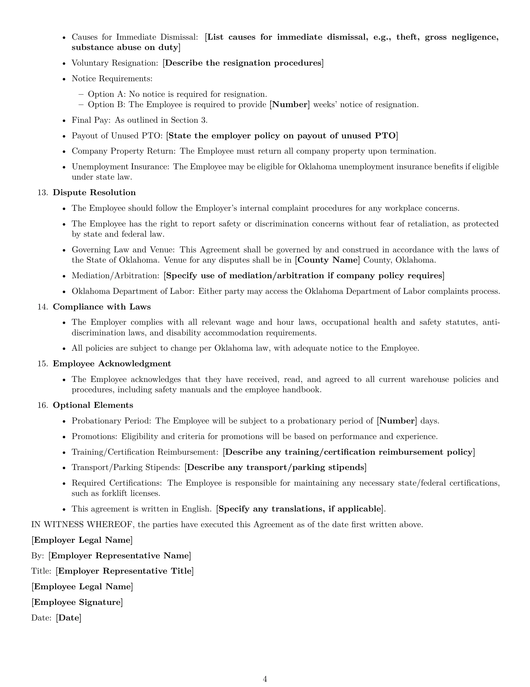 Preview page 4 of Free Oklahoma warehouse worker employment contract template