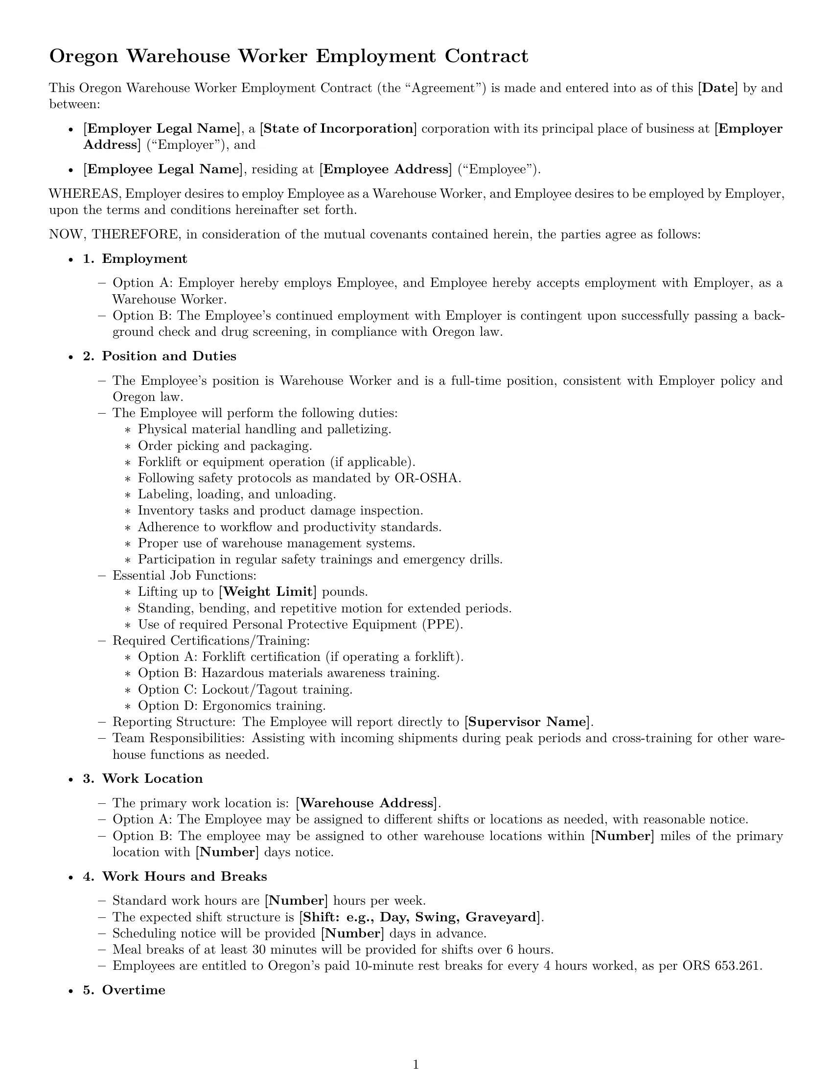 Preview page 1 of Free Oregon warehouse worker employment contract template