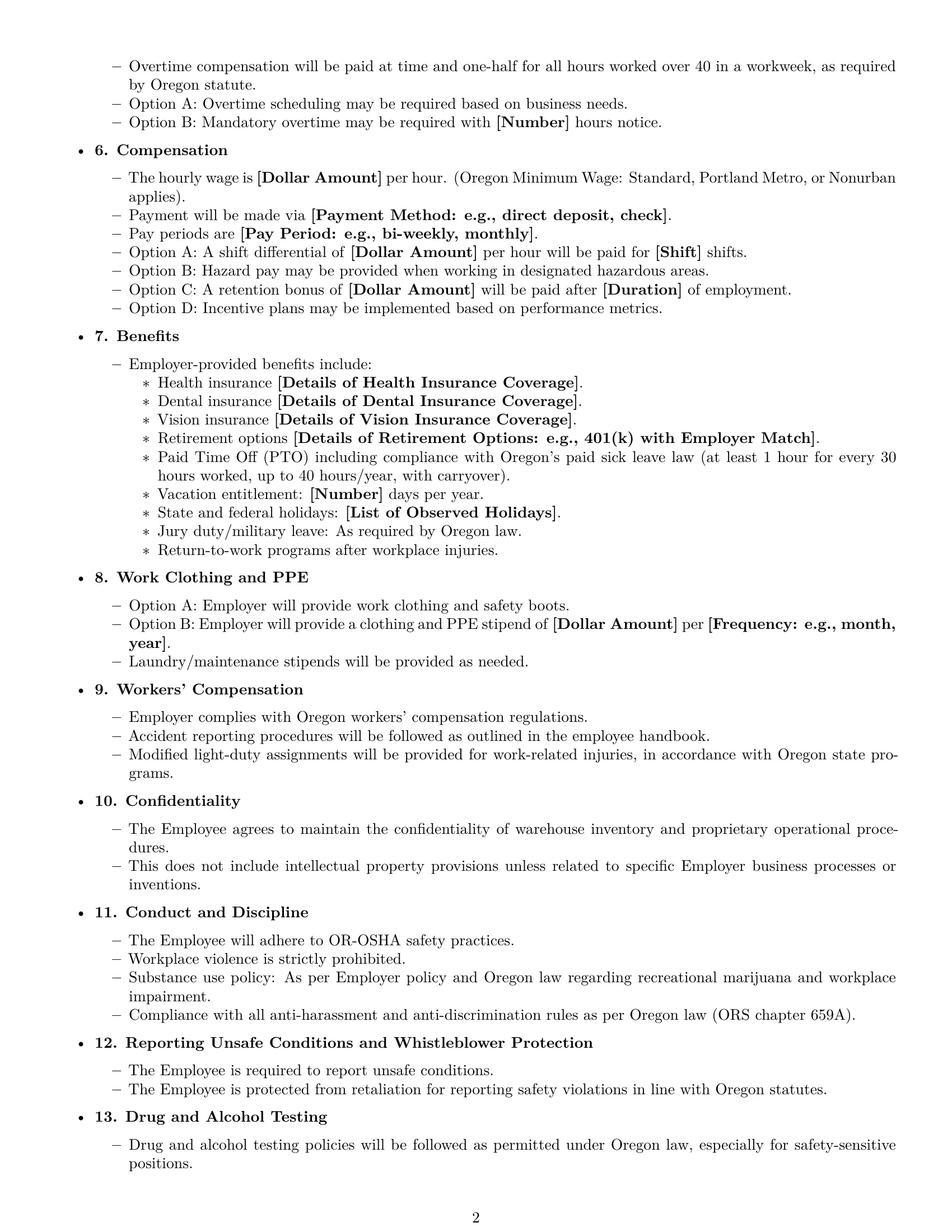Preview page 2 of Free Oregon warehouse worker employment contract template