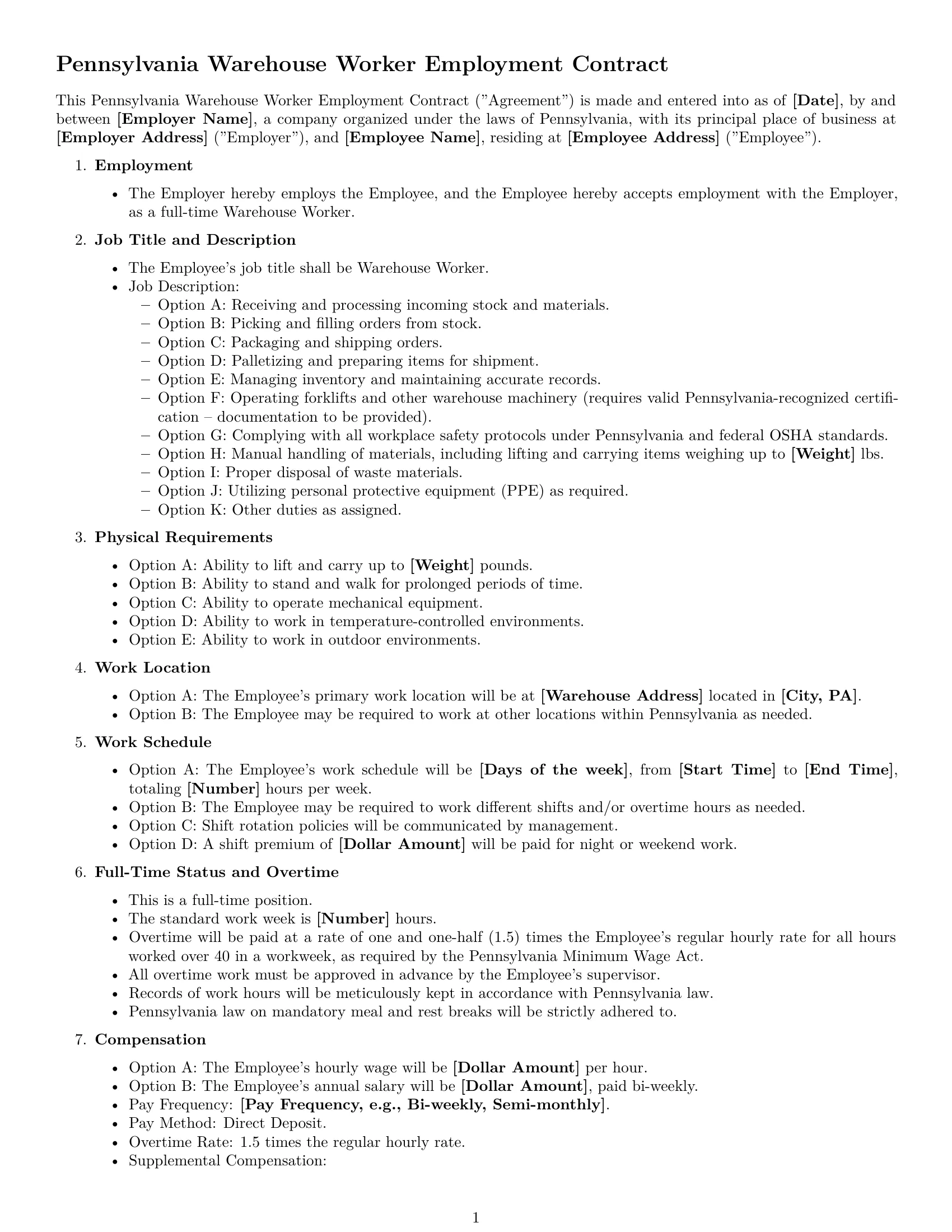 Preview page 1 of Free Pennsylvania warehouse worker employment contract template