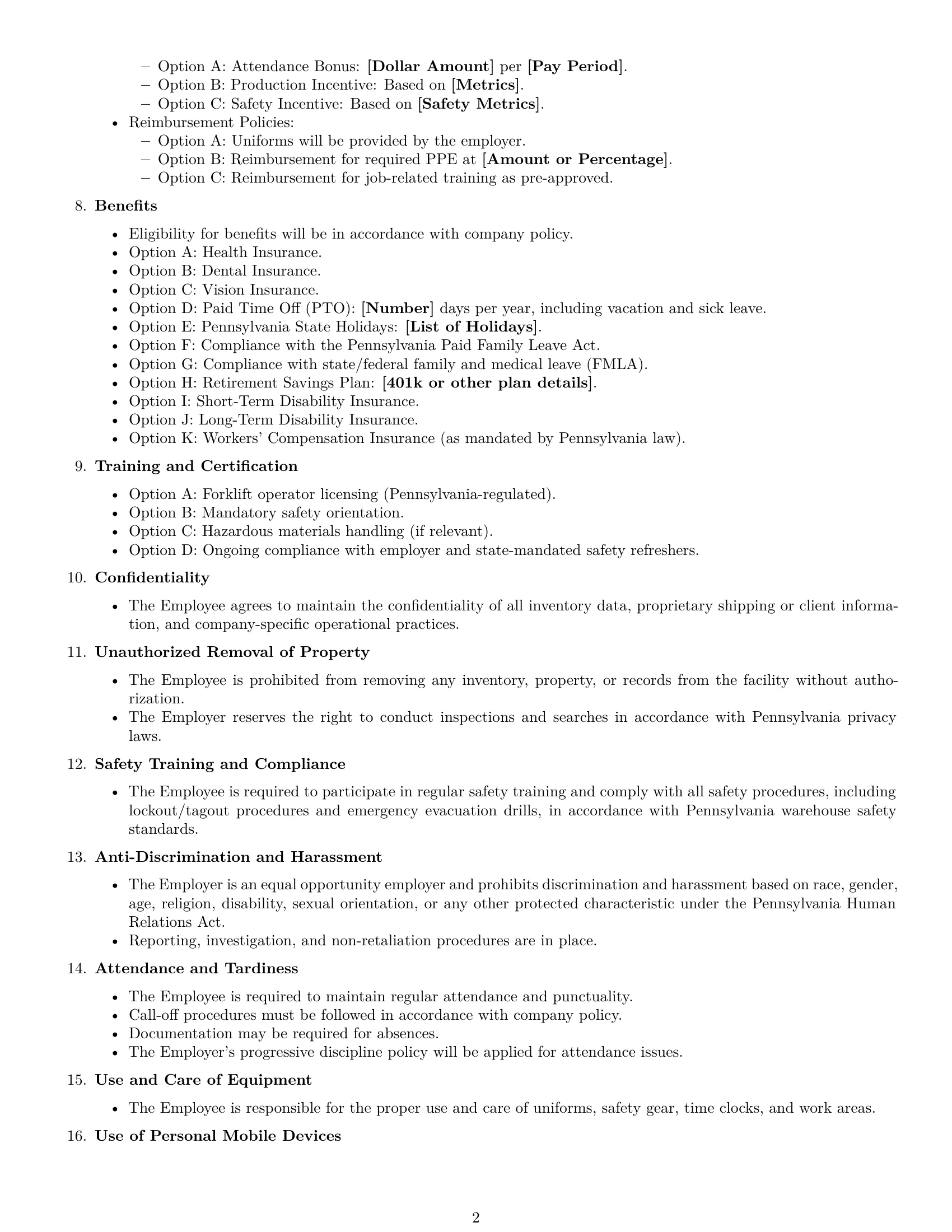 Preview page 2 of Free Pennsylvania warehouse worker employment contract template
