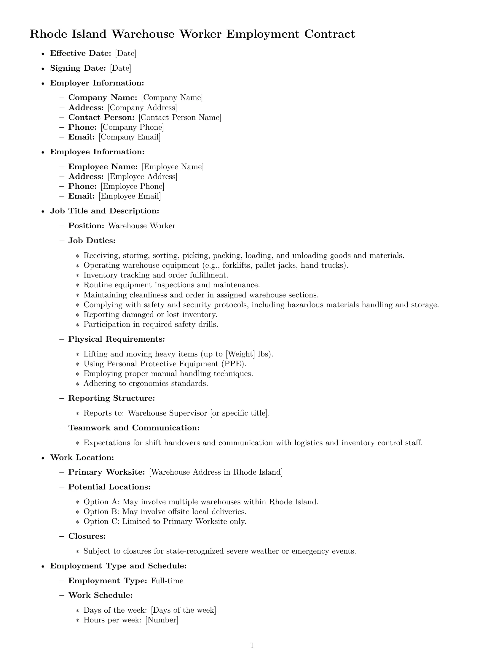 Preview page 1 of Free Rhode Island warehouse worker employment contract template