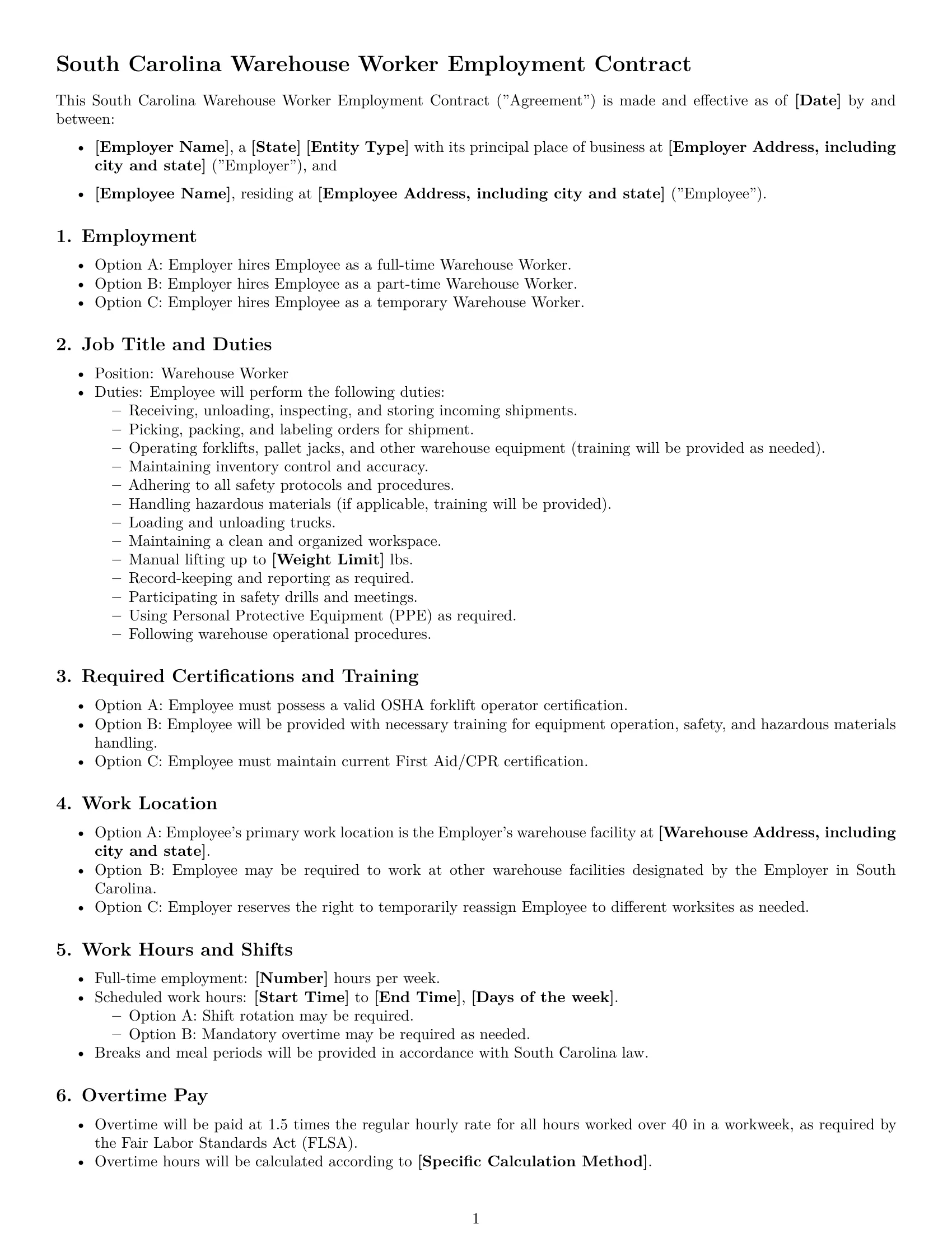 Preview page 1 of Free South Carolina warehouse worker employment contract template