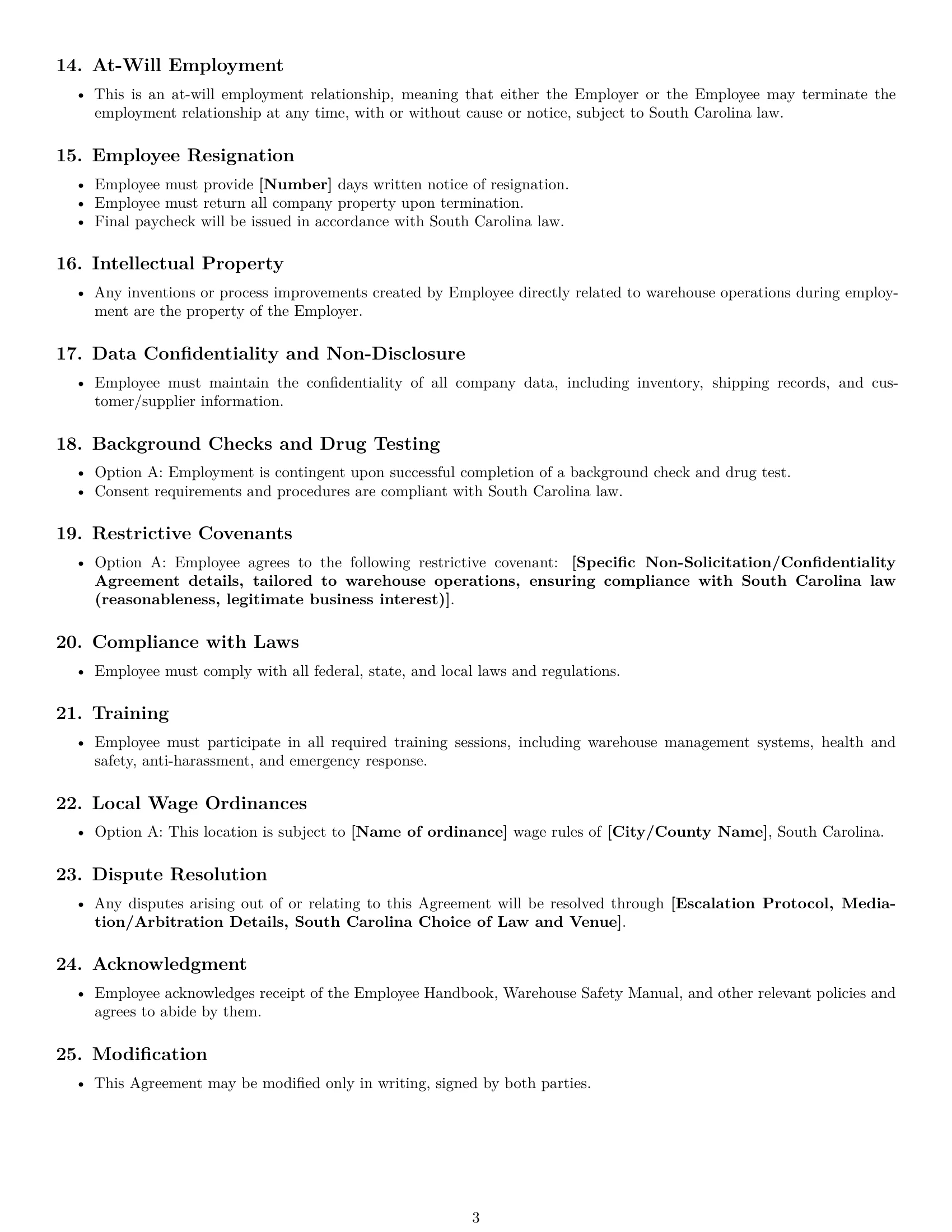 Preview page 3 of Free South Carolina warehouse worker employment contract template