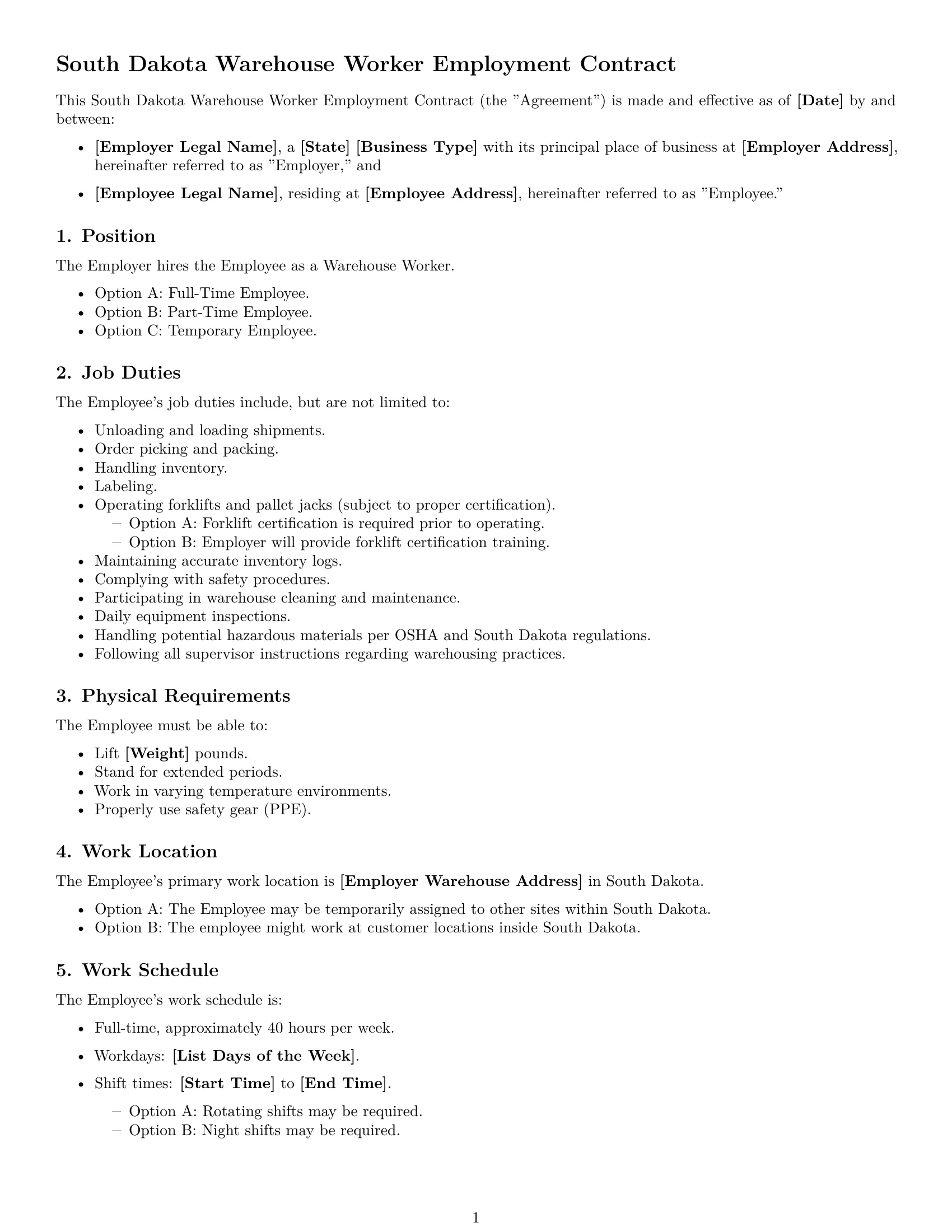 Preview page 1 of Free South Dakota warehouse worker employment contract template
