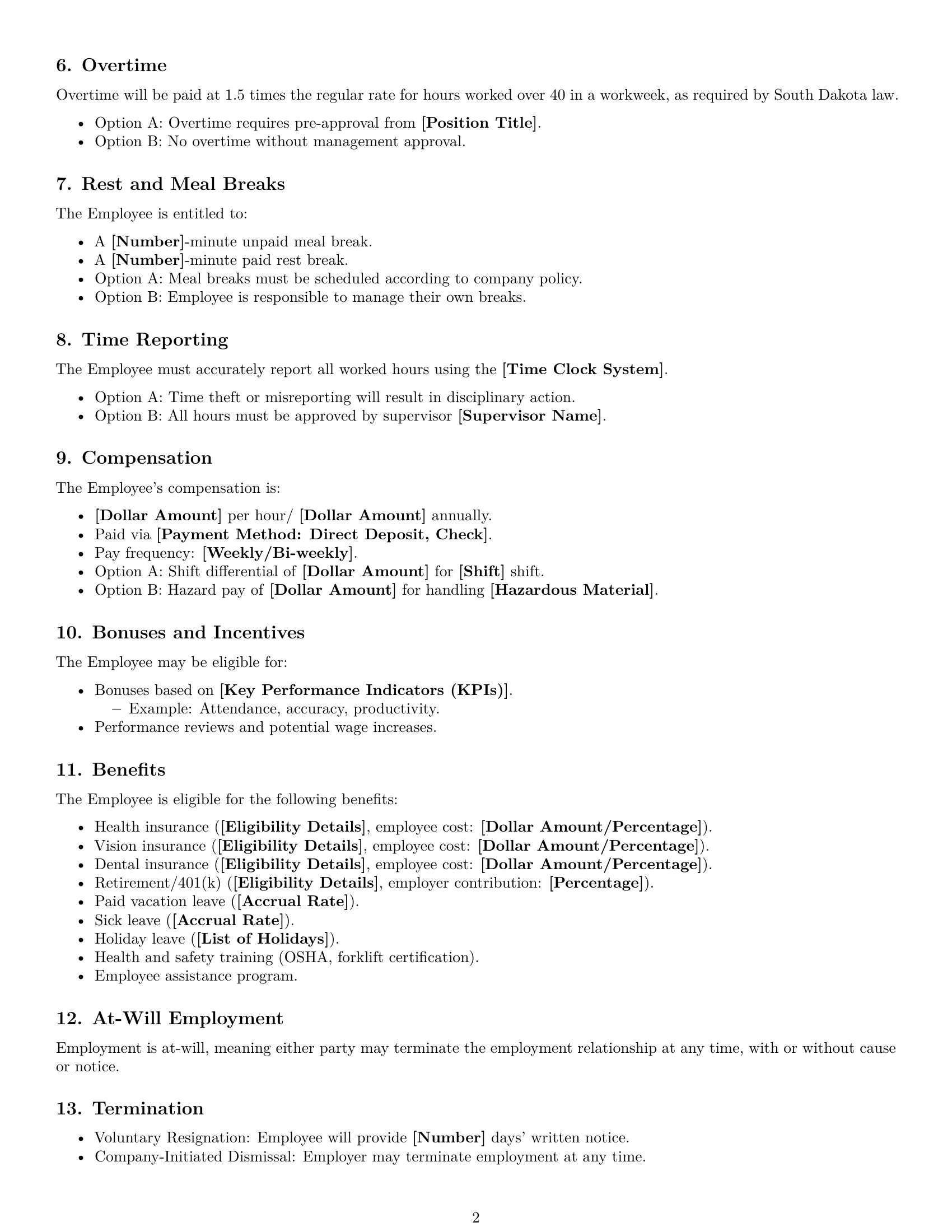 Preview page 2 of Free South Dakota warehouse worker employment contract template