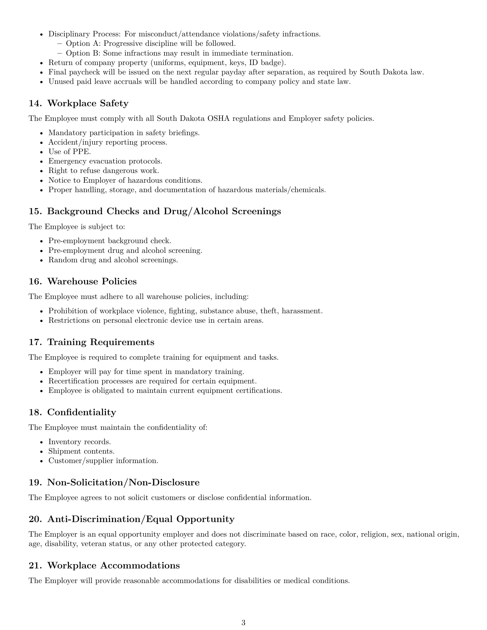 Preview page 3 of Free South Dakota warehouse worker employment contract template