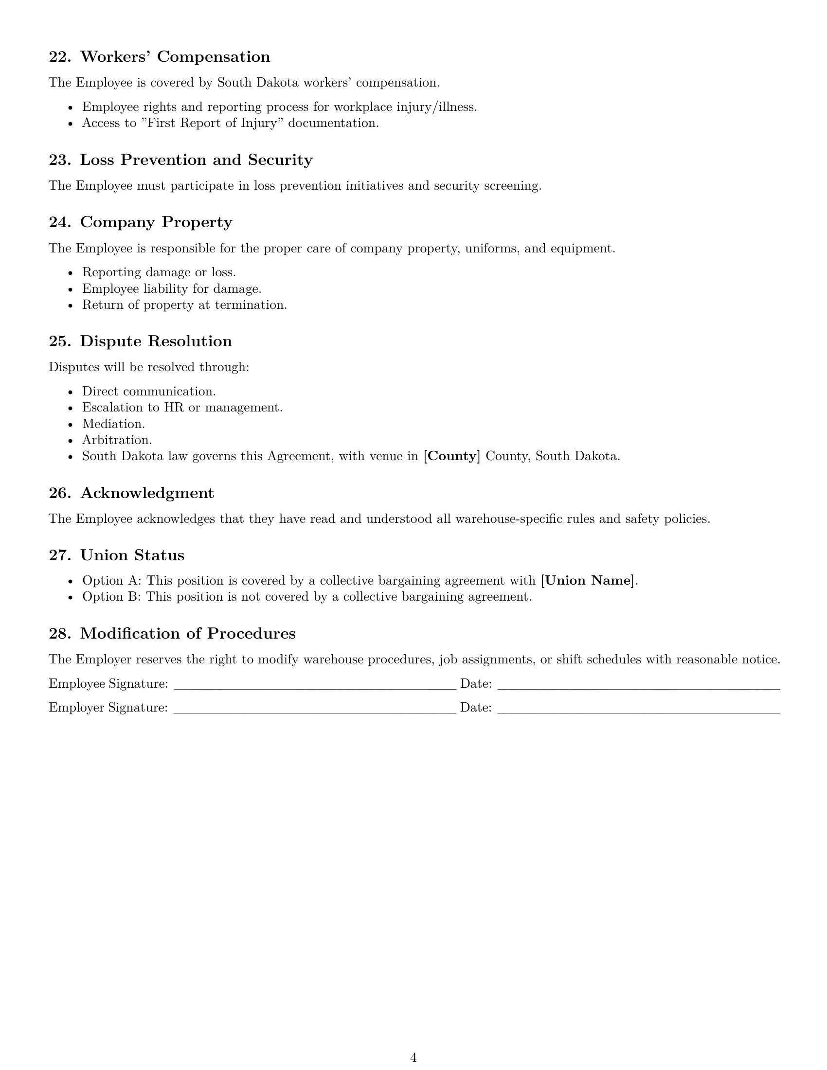 Preview page 4 of Free South Dakota warehouse worker employment contract template