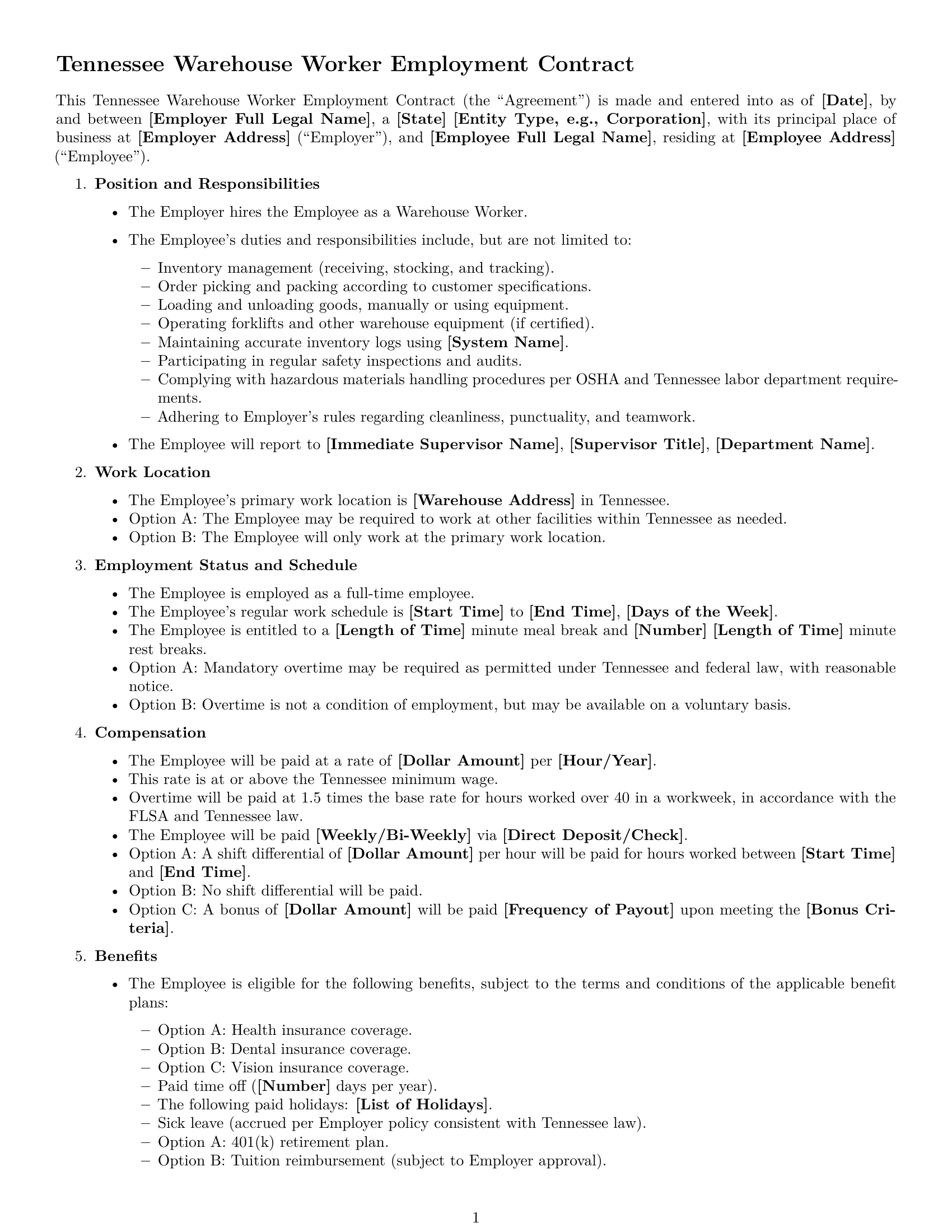 Preview page 1 of Free Tennessee warehouse worker employment contract template