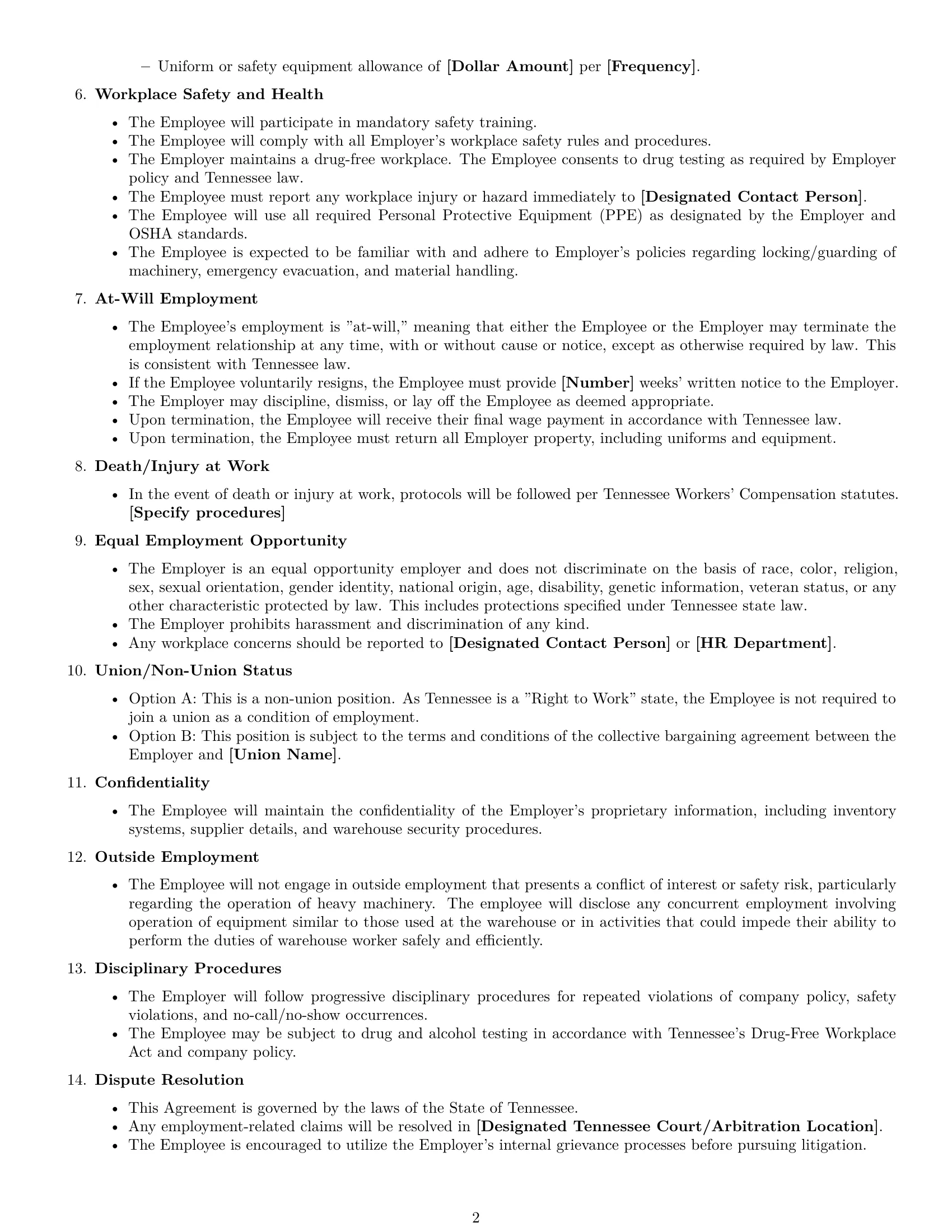 Preview page 2 of Free Tennessee warehouse worker employment contract template