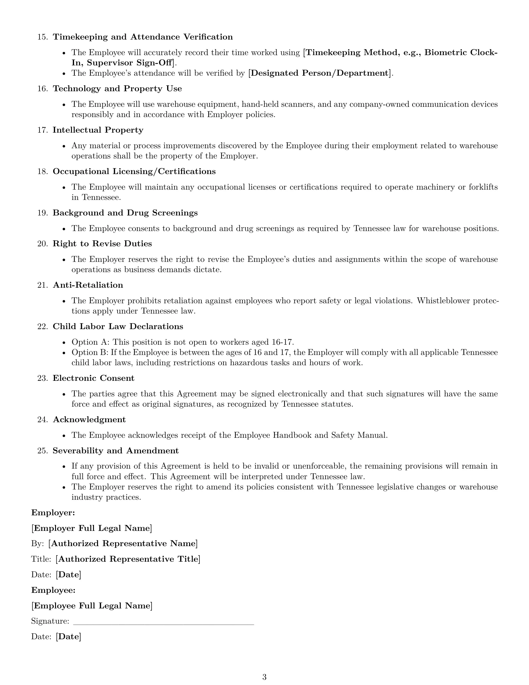 Preview page 3 of Free Tennessee warehouse worker employment contract template