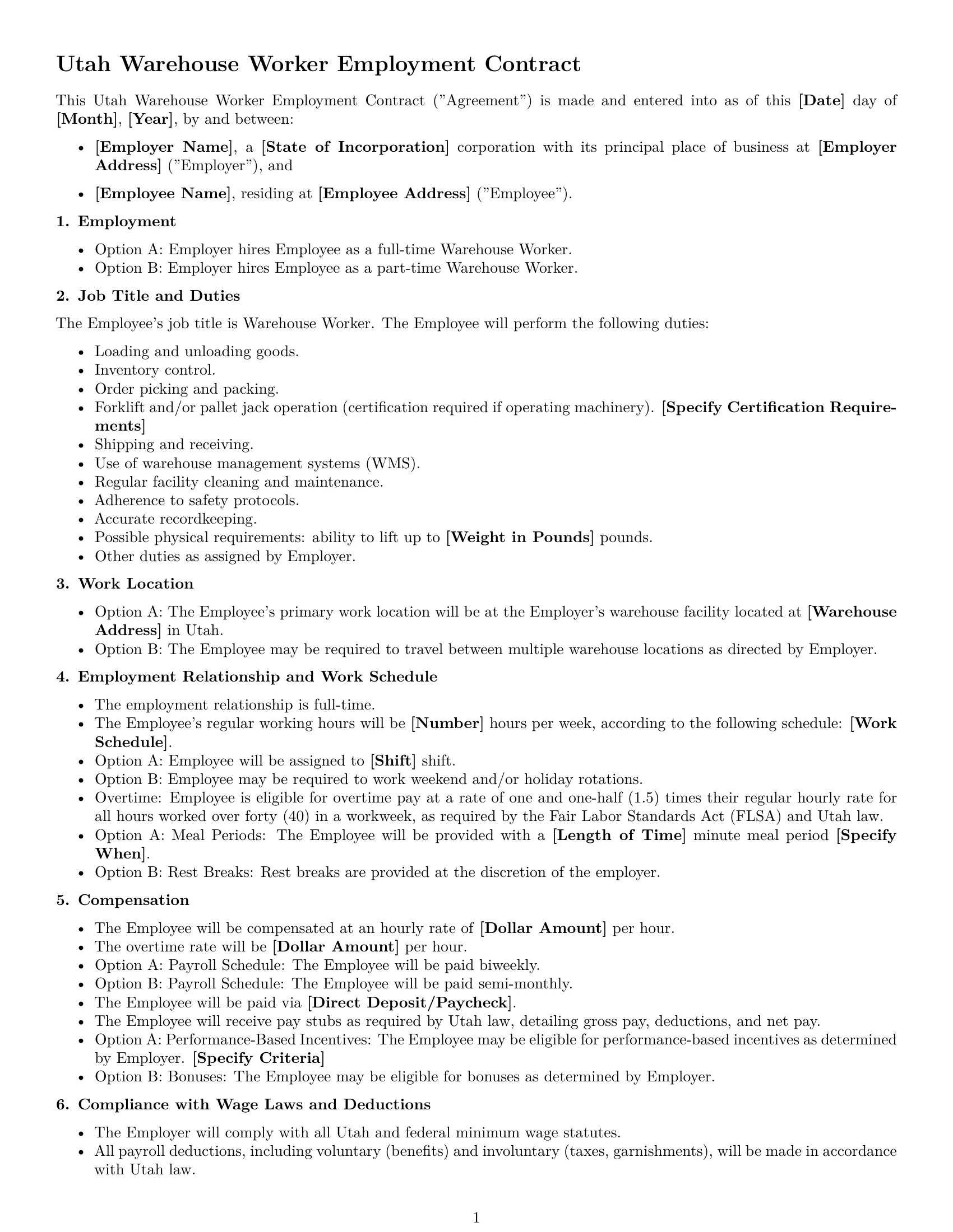Preview page 1 of Free Utah warehouse worker employment contract template