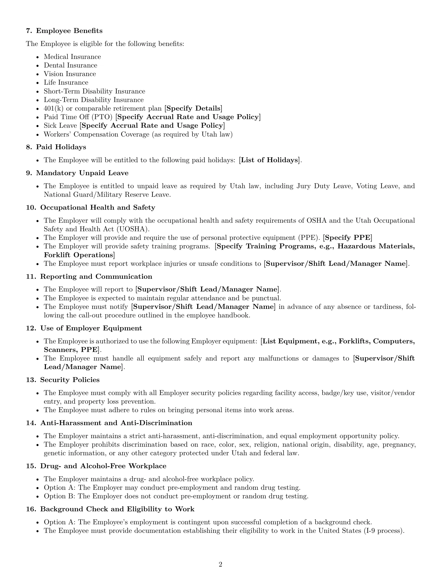 Preview page 2 of Free Utah warehouse worker employment contract template