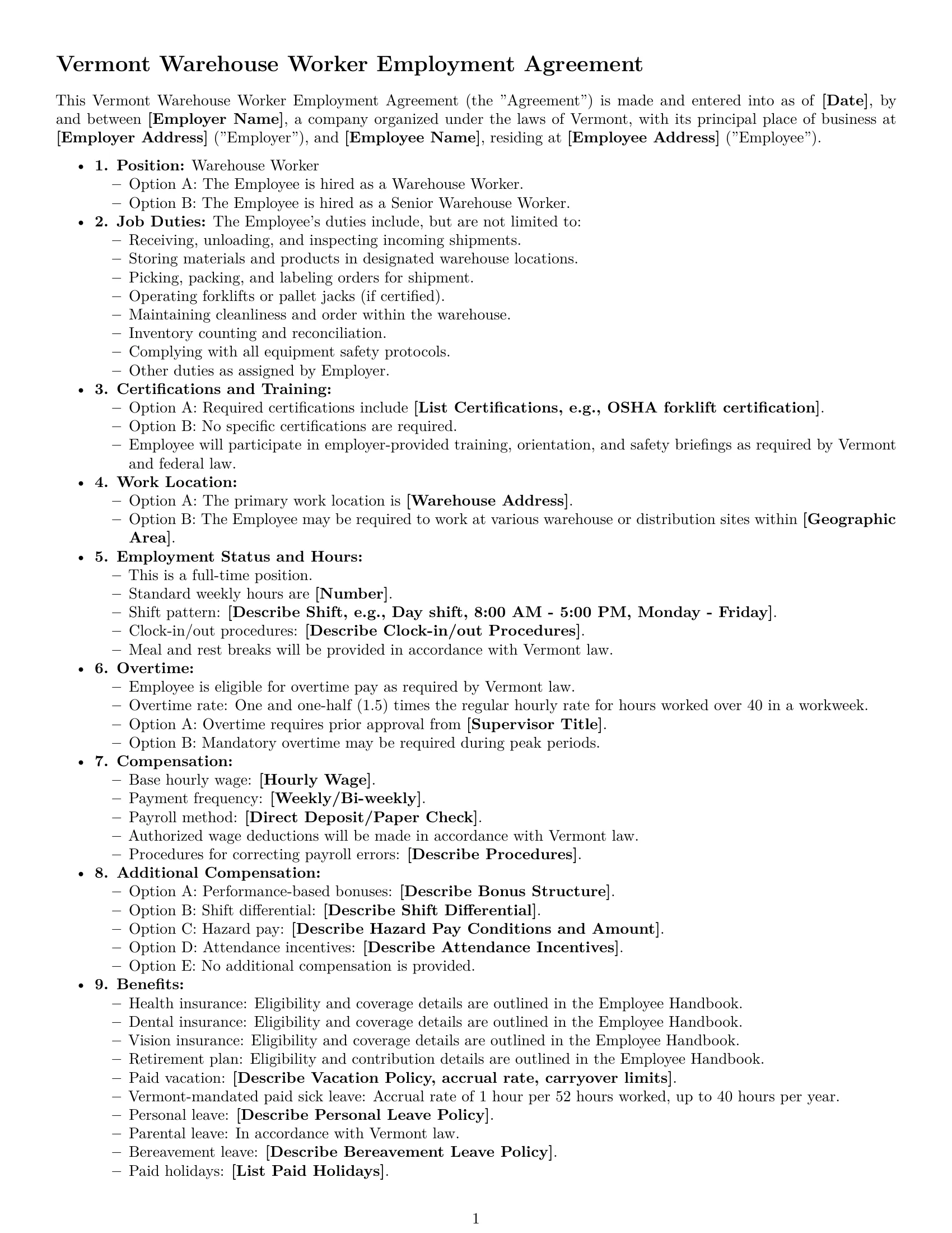 Preview page 1 of Free Vermont warehouse worker employment contract template