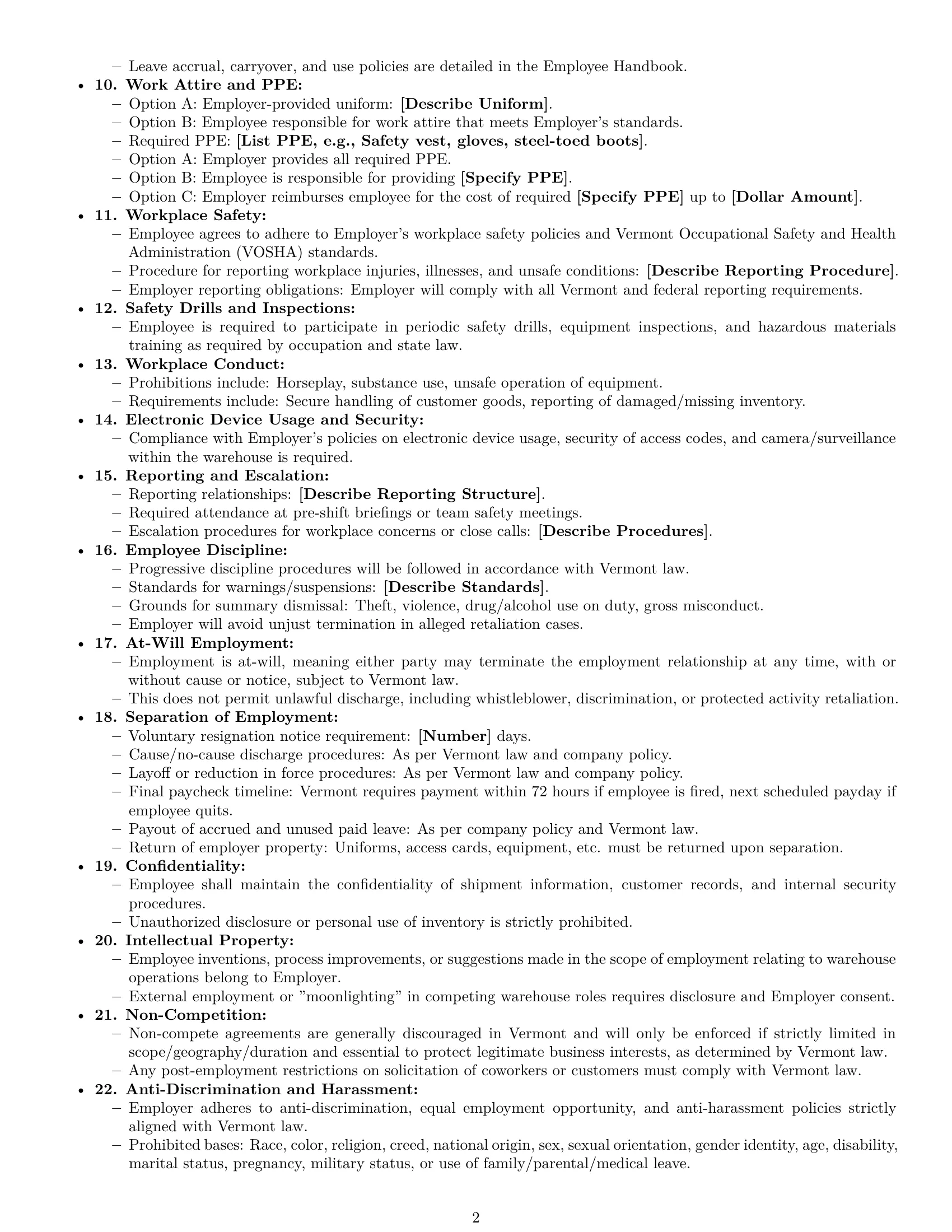 Preview page 2 of Free Vermont warehouse worker employment contract template