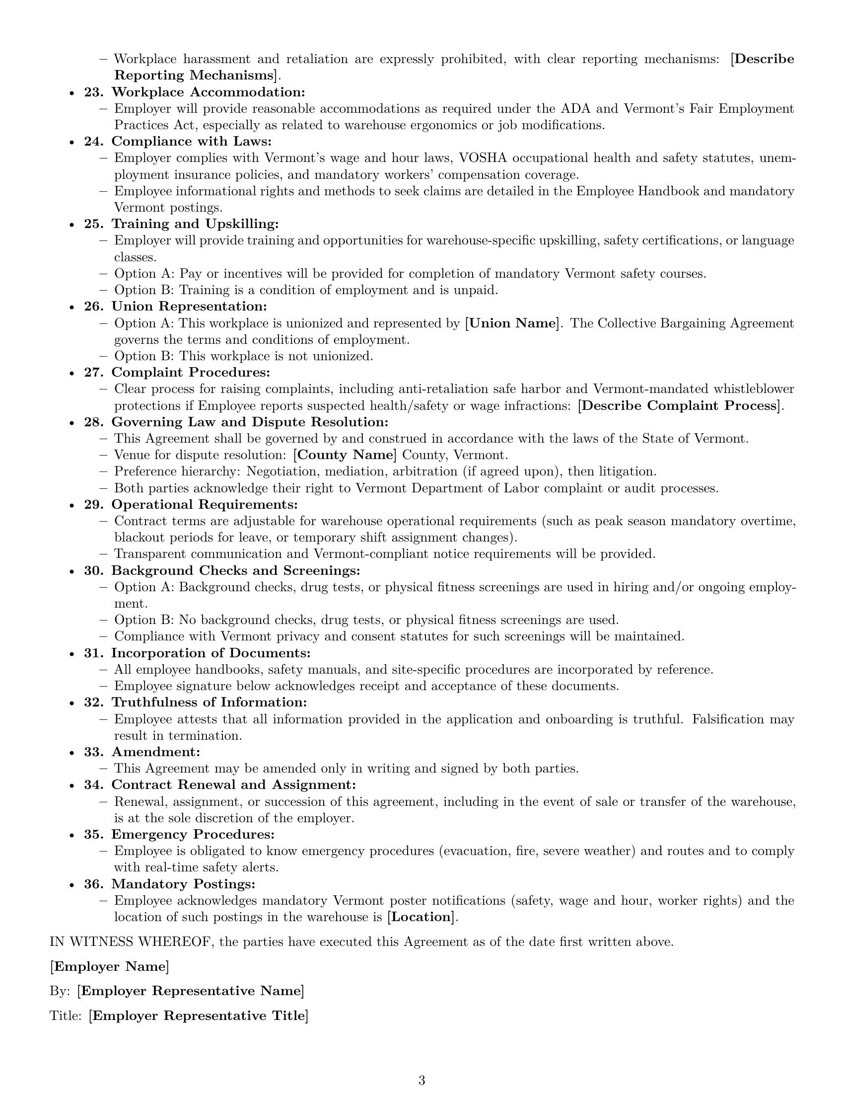 Preview page 3 of Free Vermont warehouse worker employment contract template