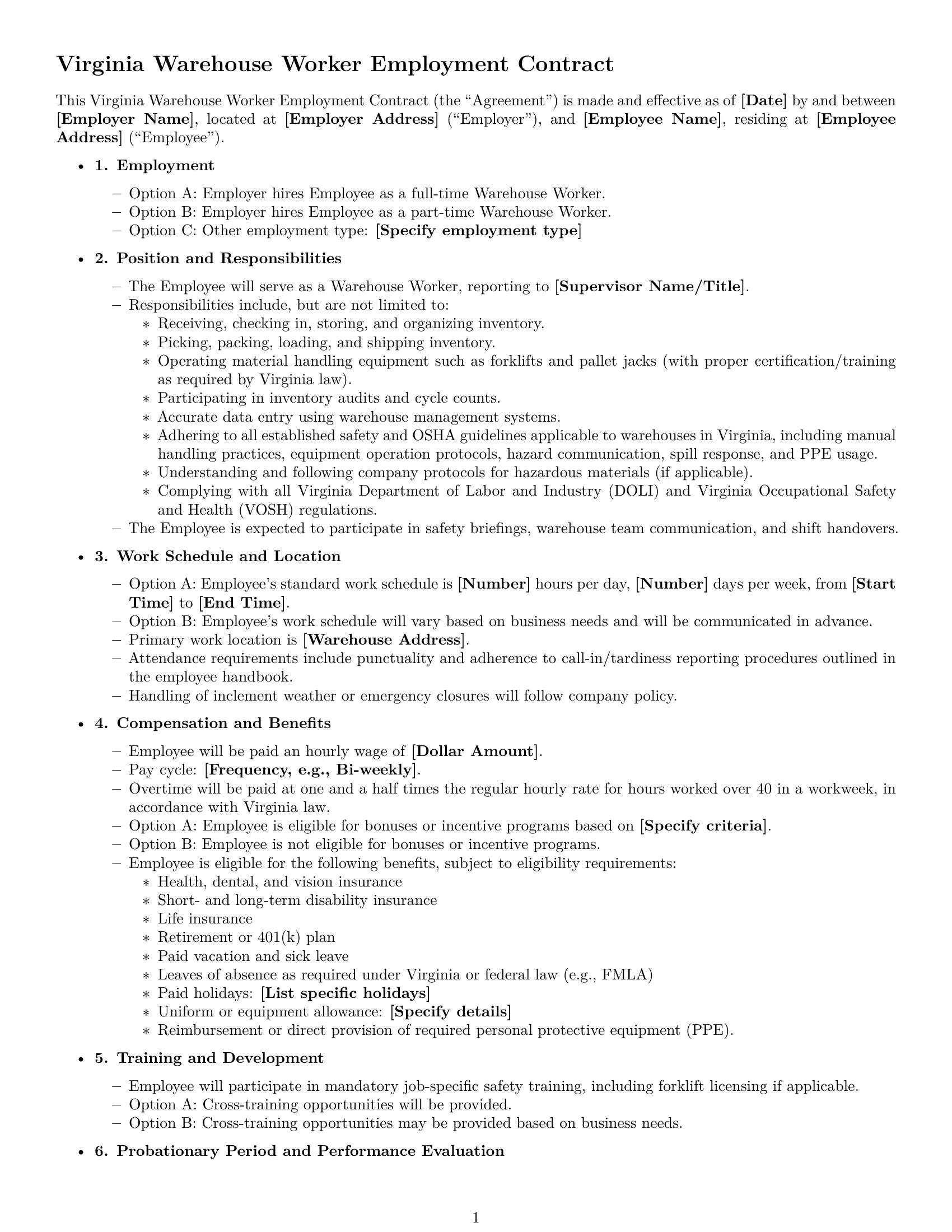 Preview page 1 of Free Virginia warehouse worker employment contract template