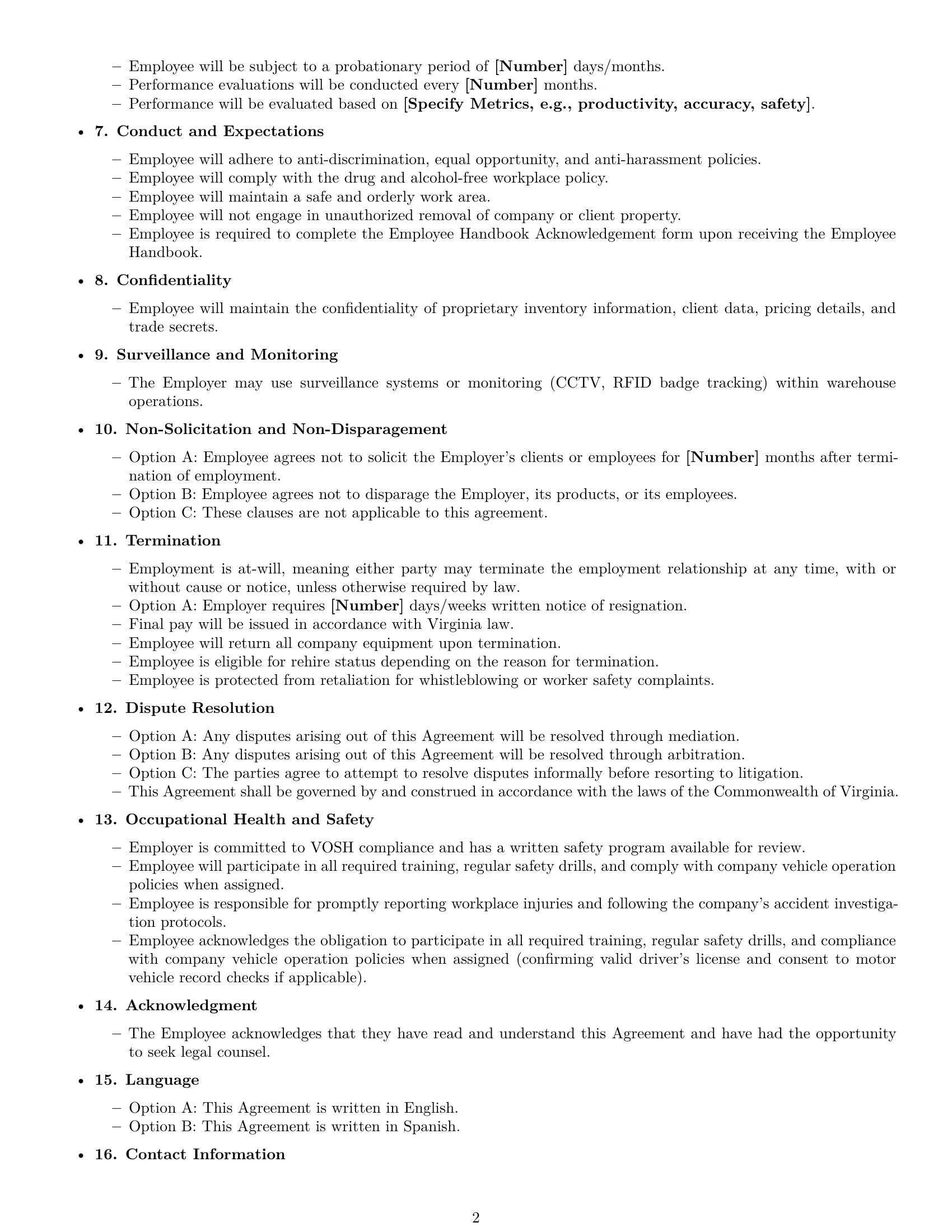 Preview page 2 of Free Virginia warehouse worker employment contract template