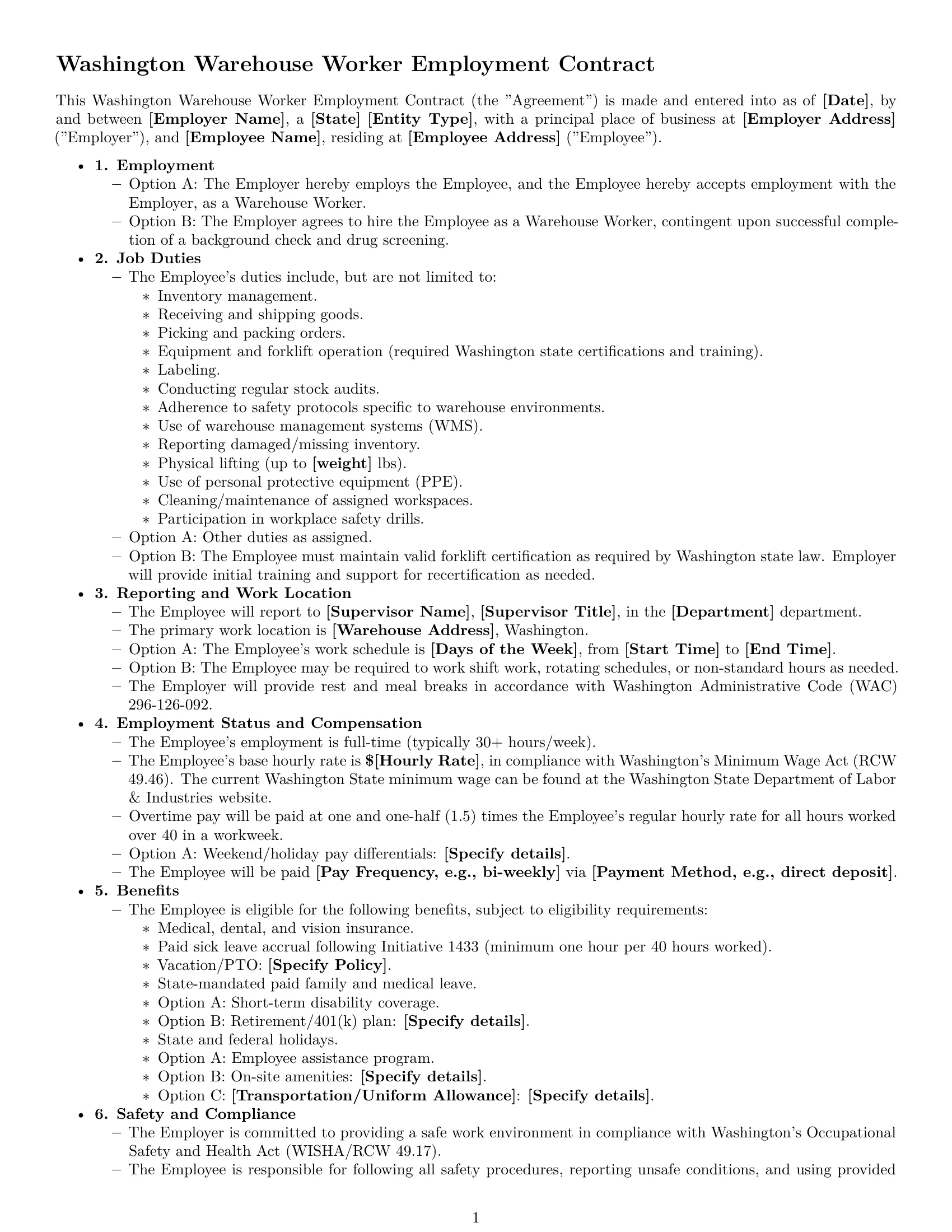 Preview page 1 of Free Washington warehouse worker employment contract template