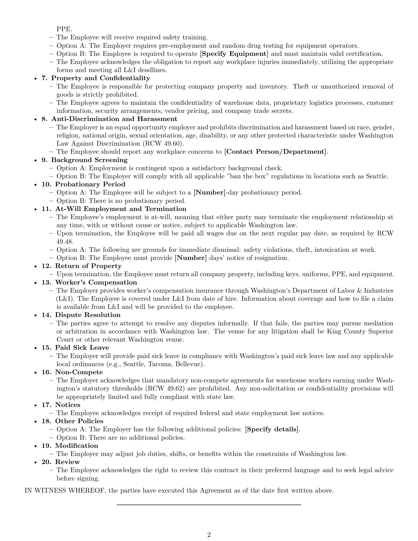 Preview page 2 of Free Washington warehouse worker employment contract template