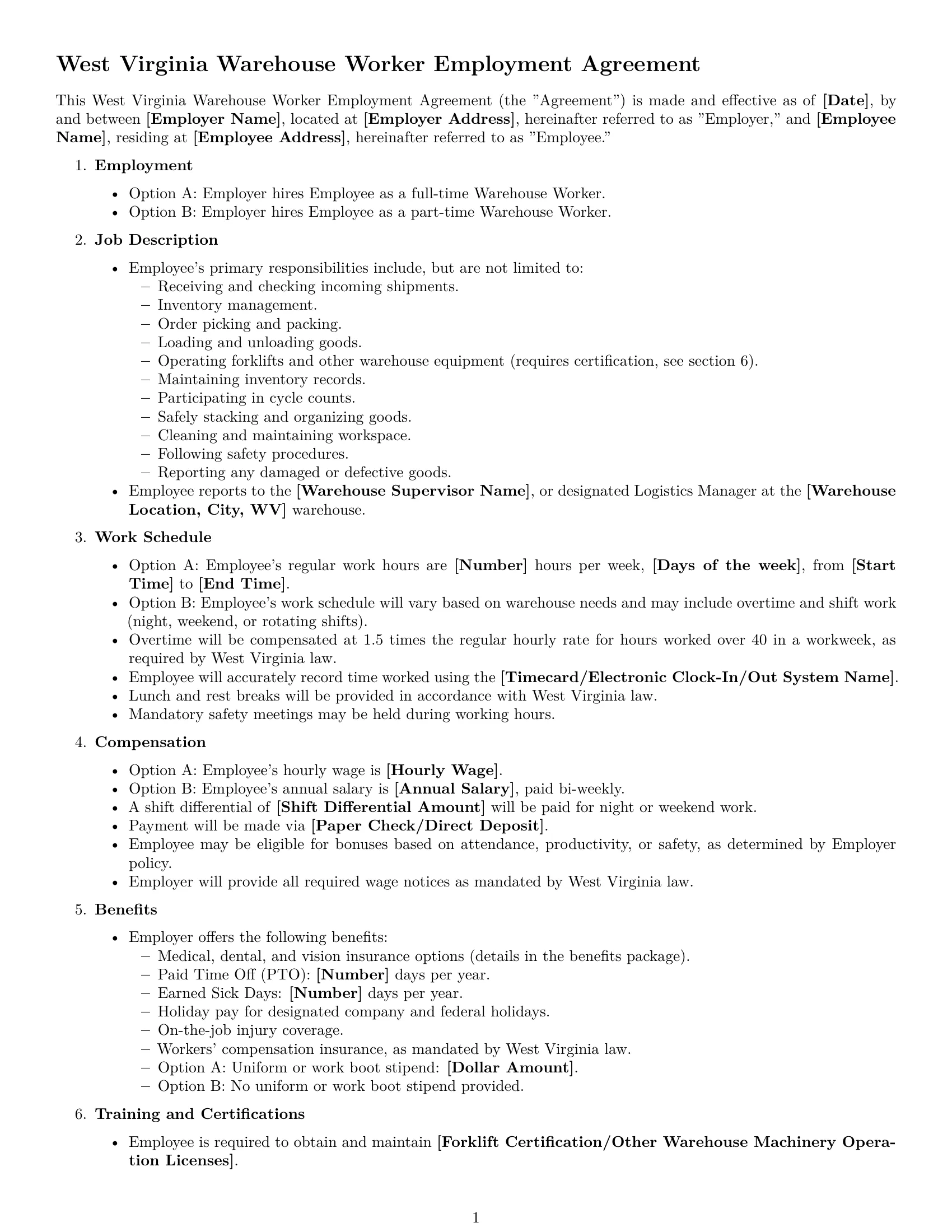 Preview page 1 of Free West Virginia warehouse worker employment contract template