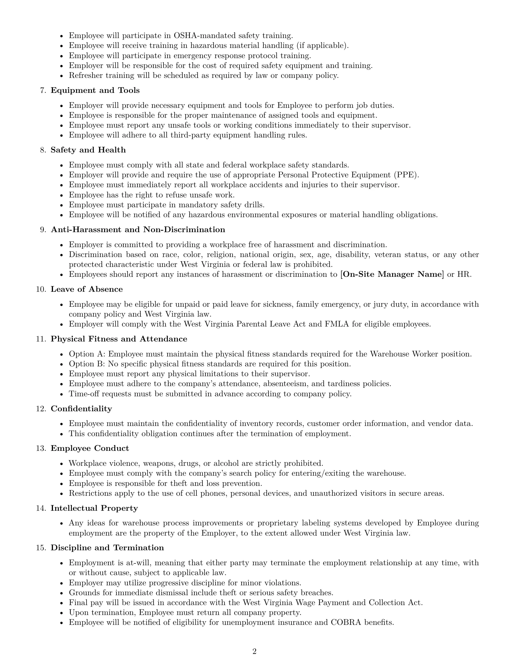 Preview page 2 of Free West Virginia warehouse worker employment contract template