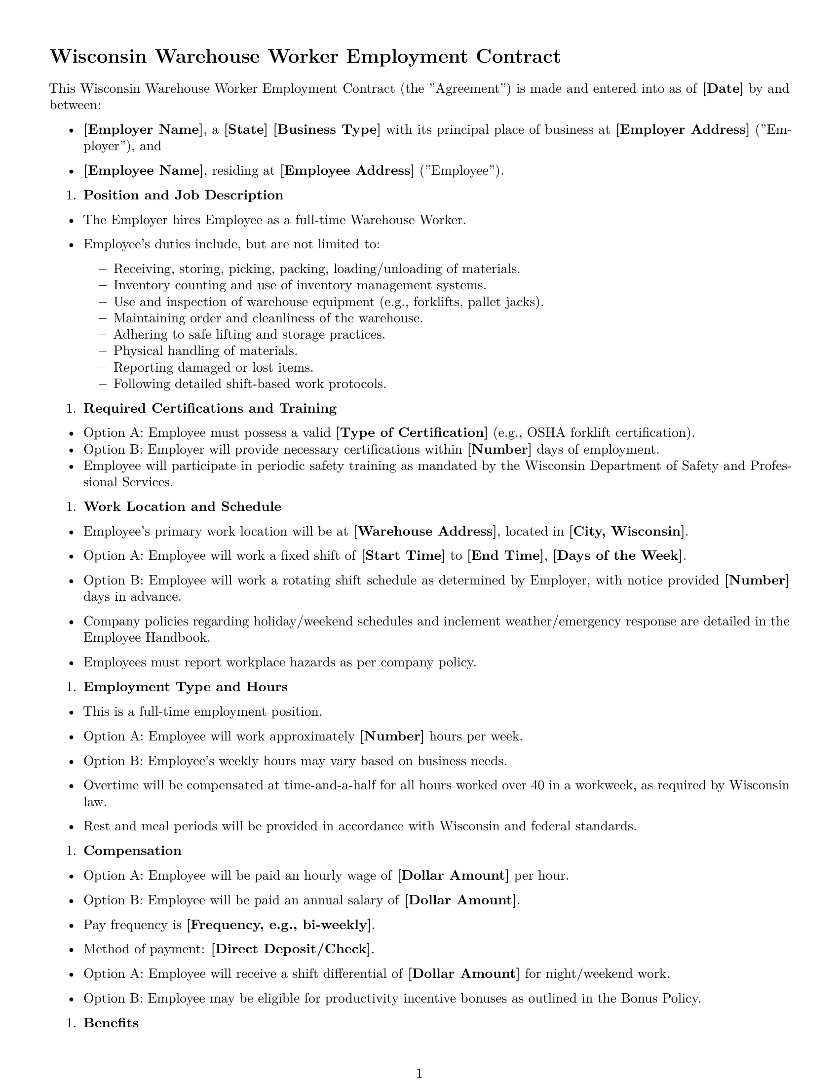 Preview page 1 of Free Wisconsin warehouse worker employment contract template
