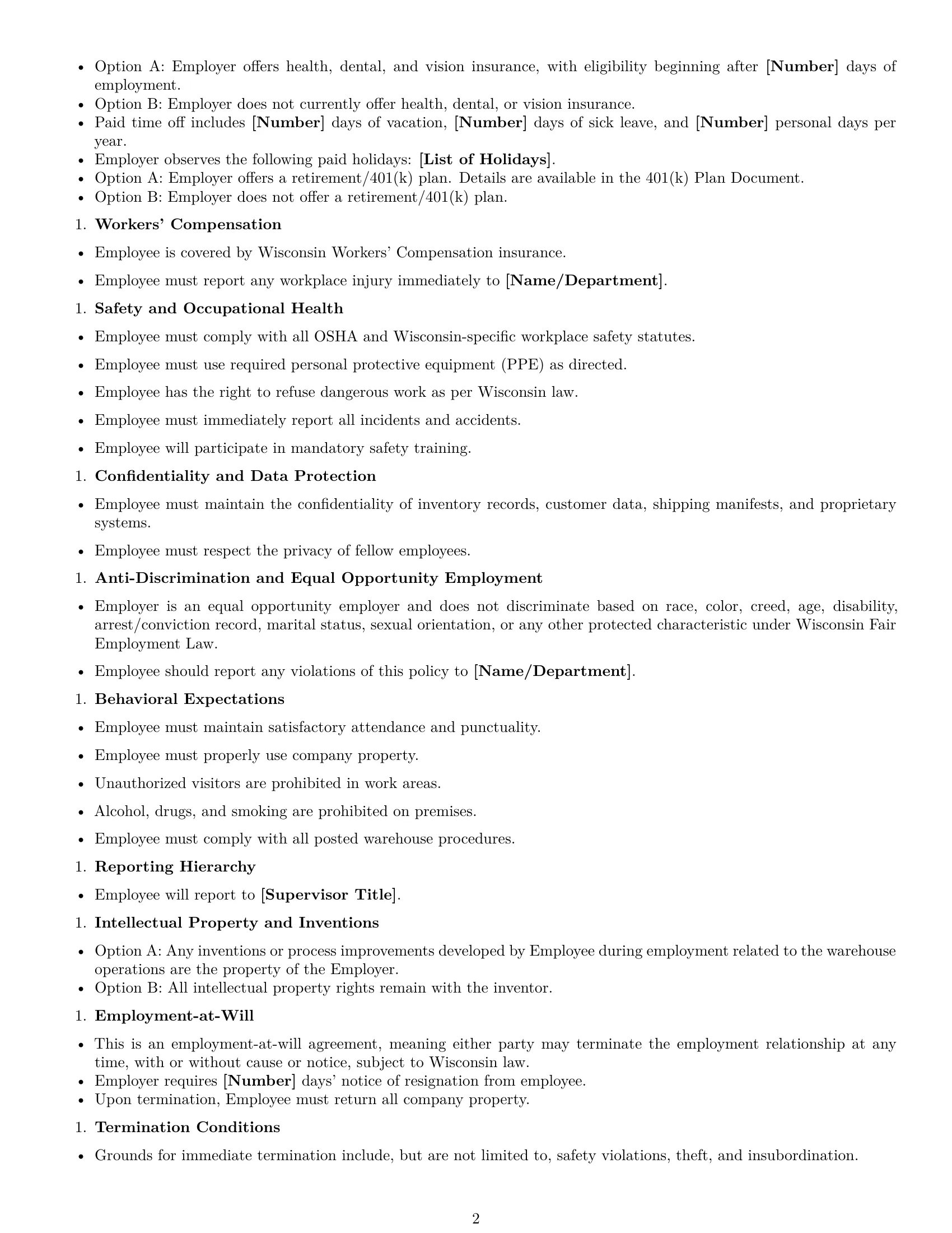 Preview page 2 of Free Wisconsin warehouse worker employment contract template