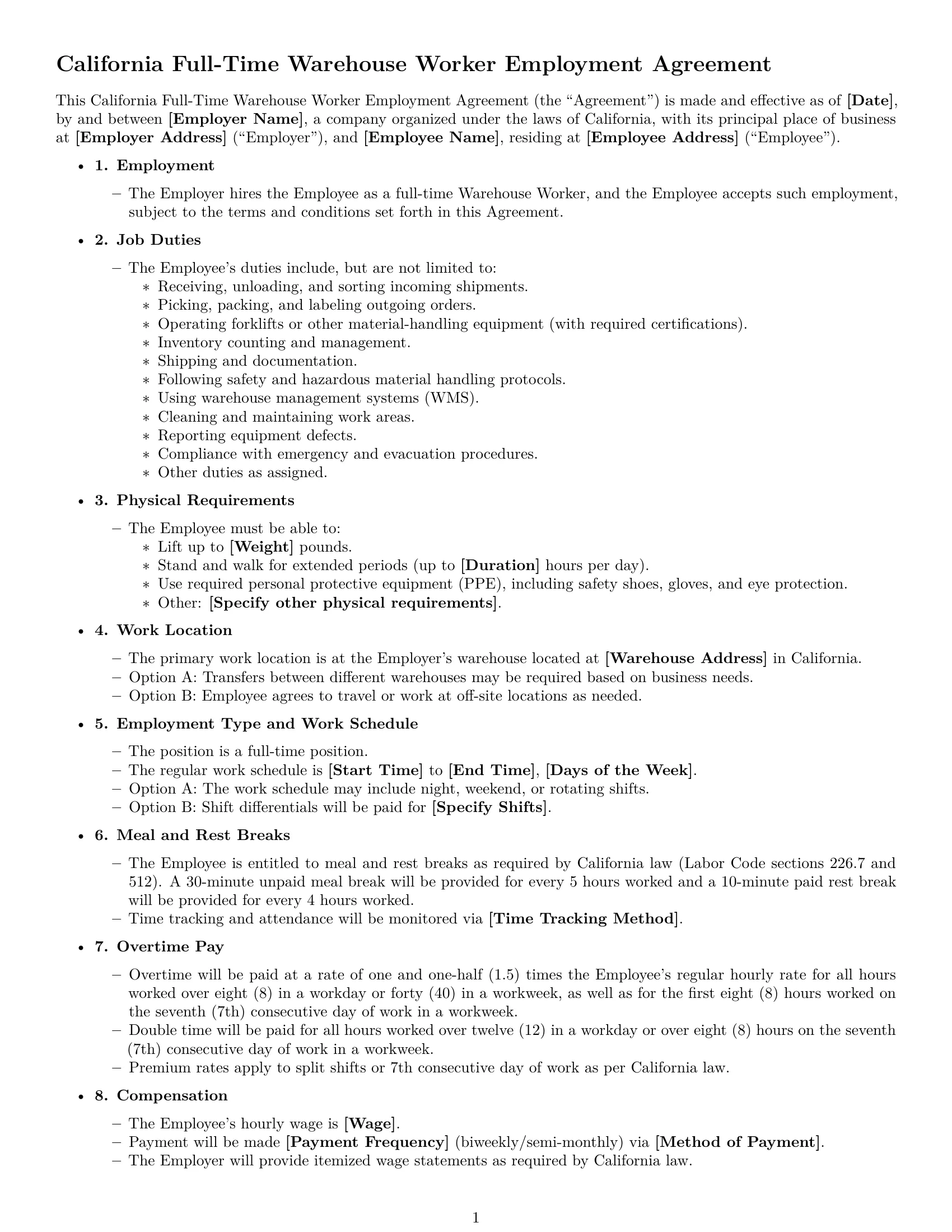 Preview page 1 of Free California warehouse worker employment contract template
