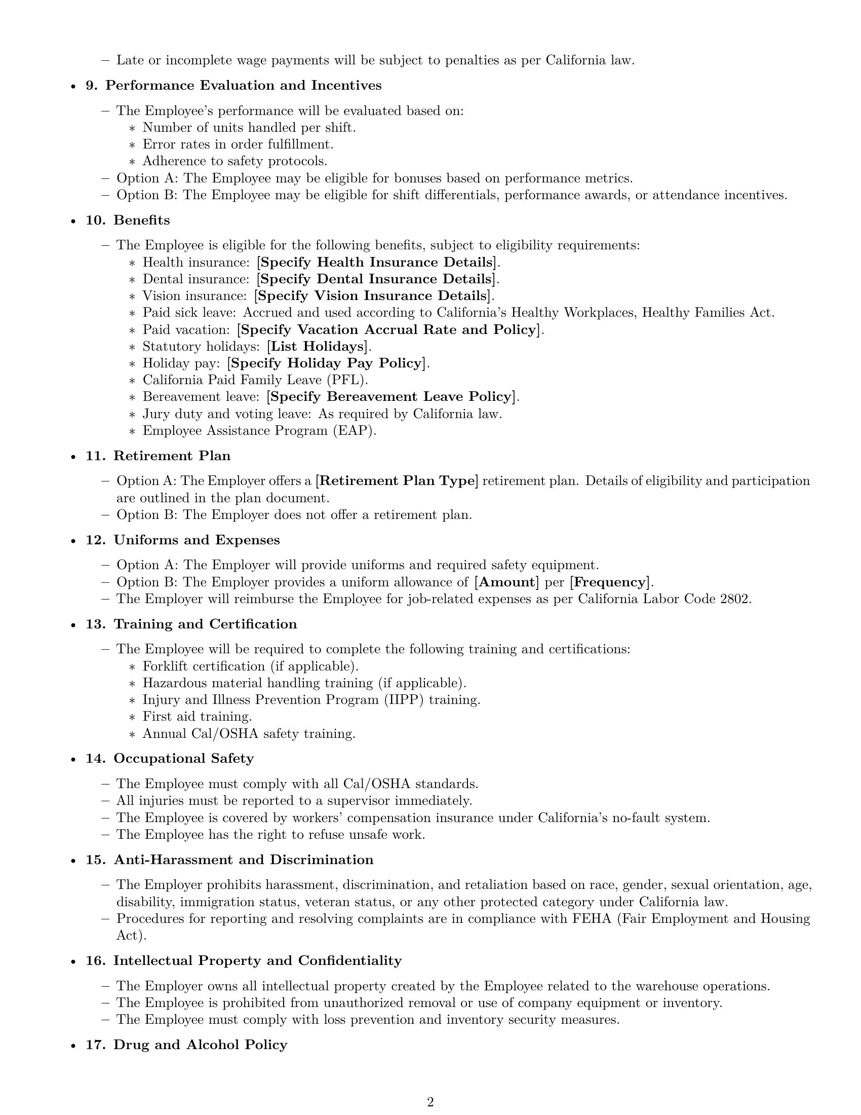 Preview page 2 of Free California warehouse worker employment contract template