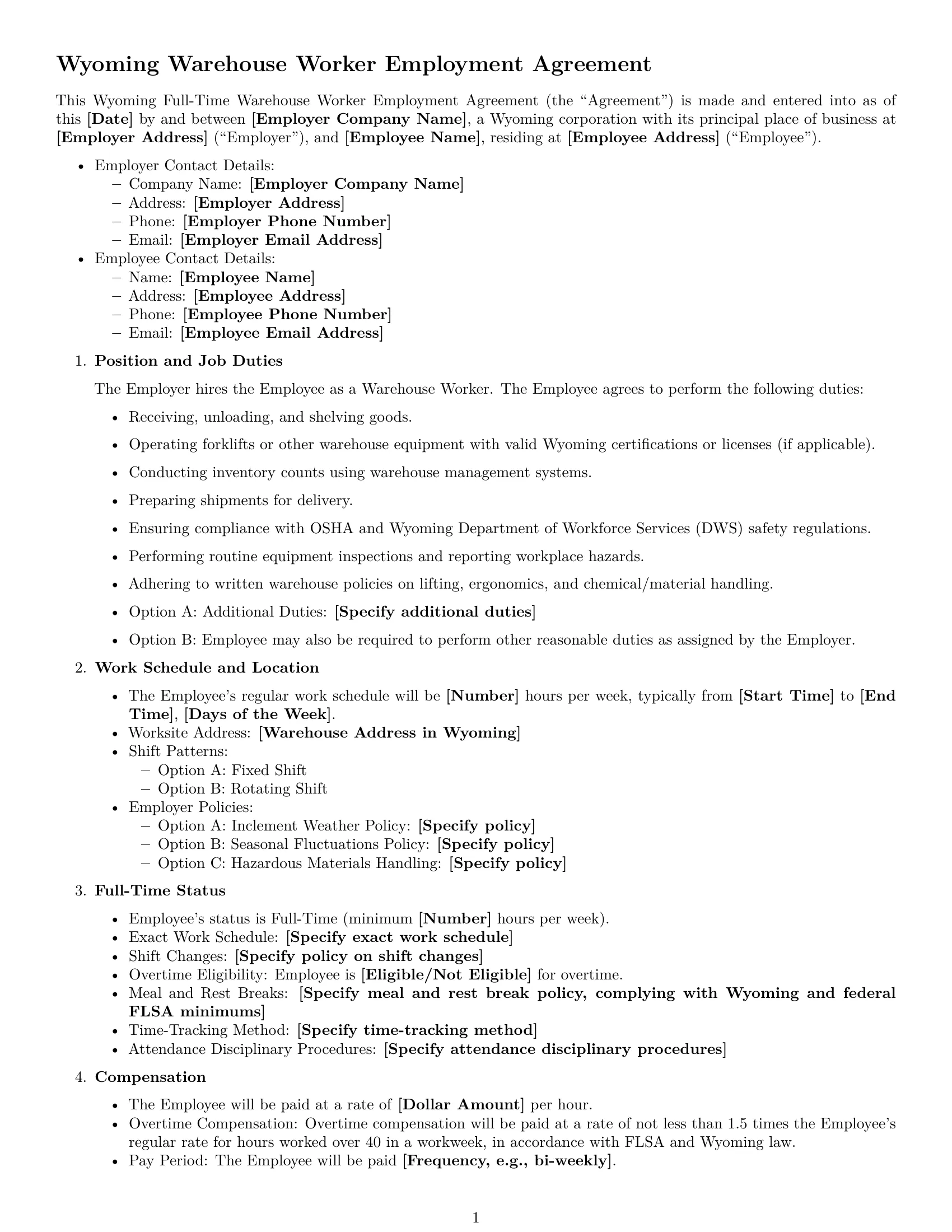 Preview page 1 of Free Wyoming warehouse worker employment contract template