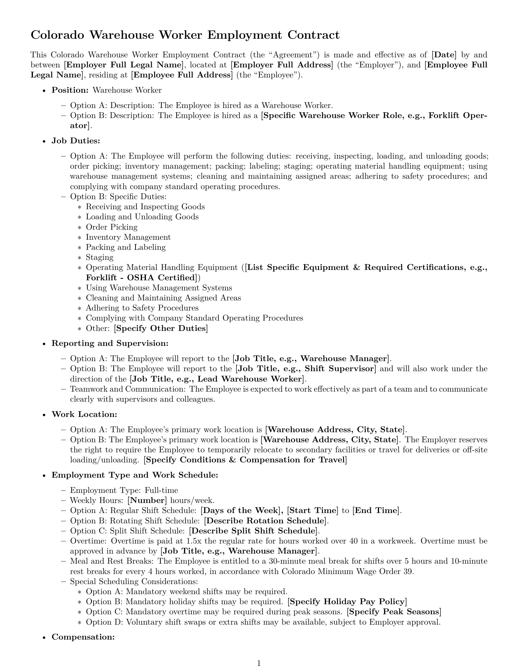 Preview page 1 of Free Colorado warehouse worker employment contract template