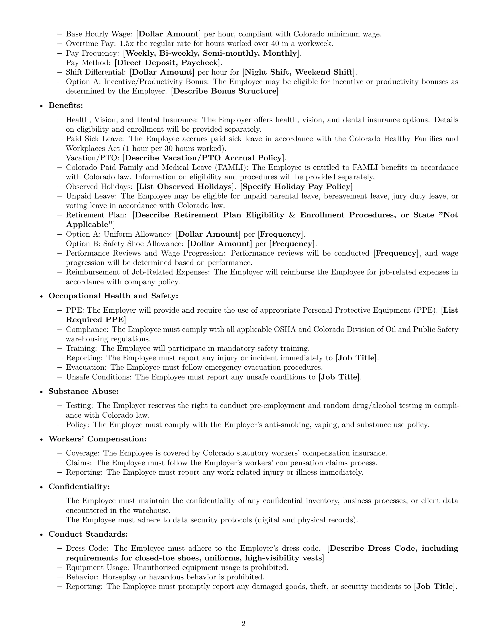 Preview page 2 of Free Colorado warehouse worker employment contract template