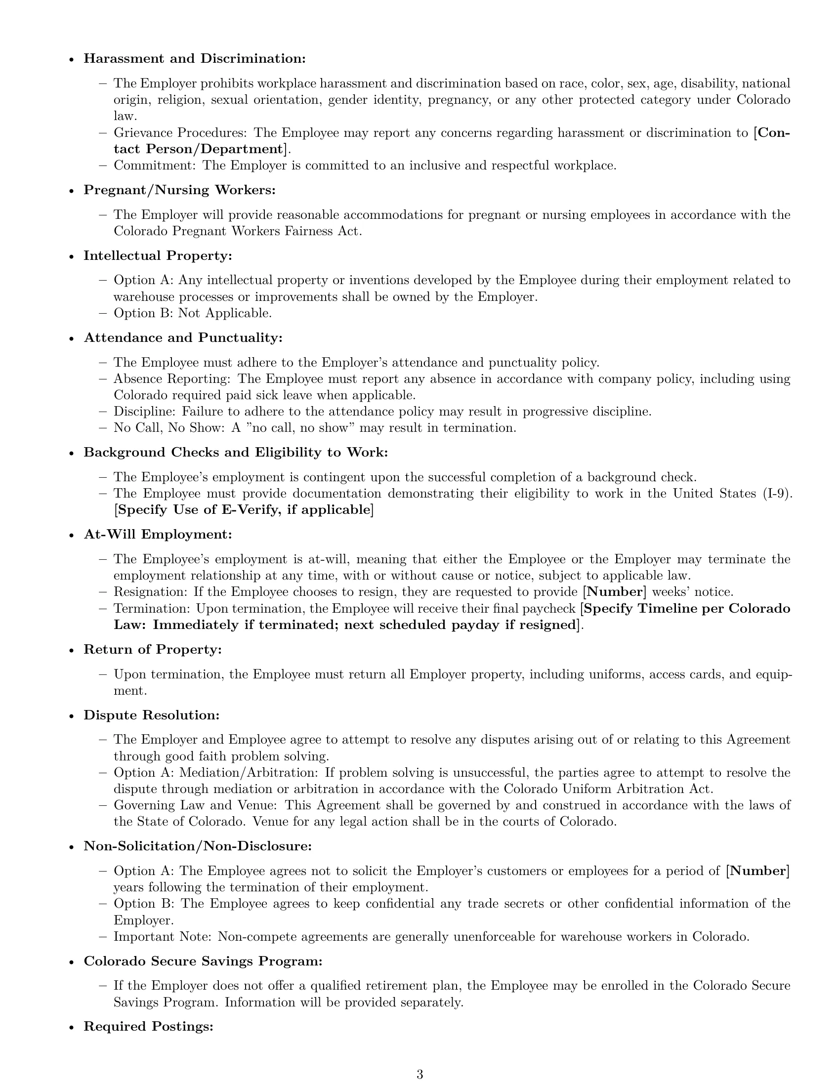 Preview page 3 of Free Colorado warehouse worker employment contract template