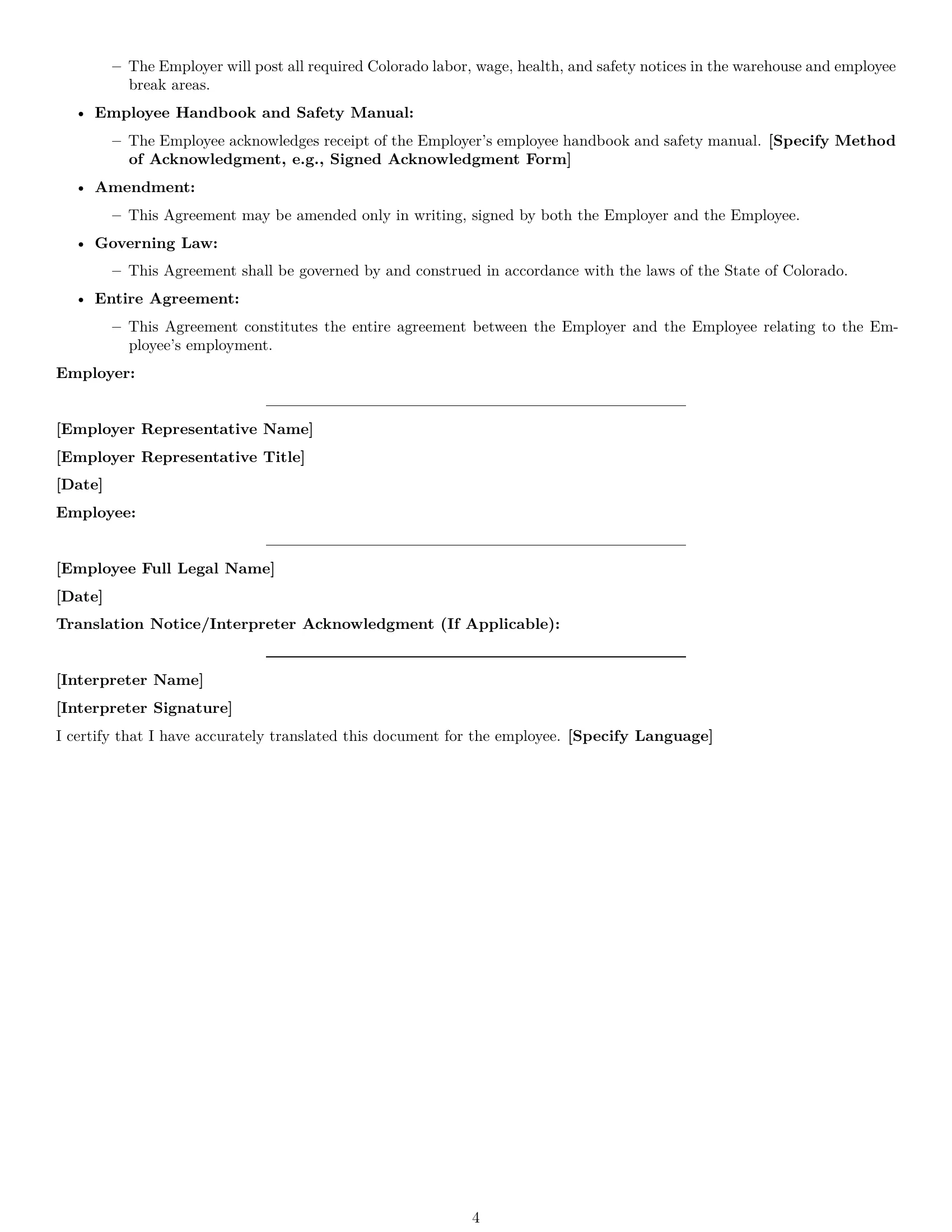 Preview page 4 of Free Colorado warehouse worker employment contract template