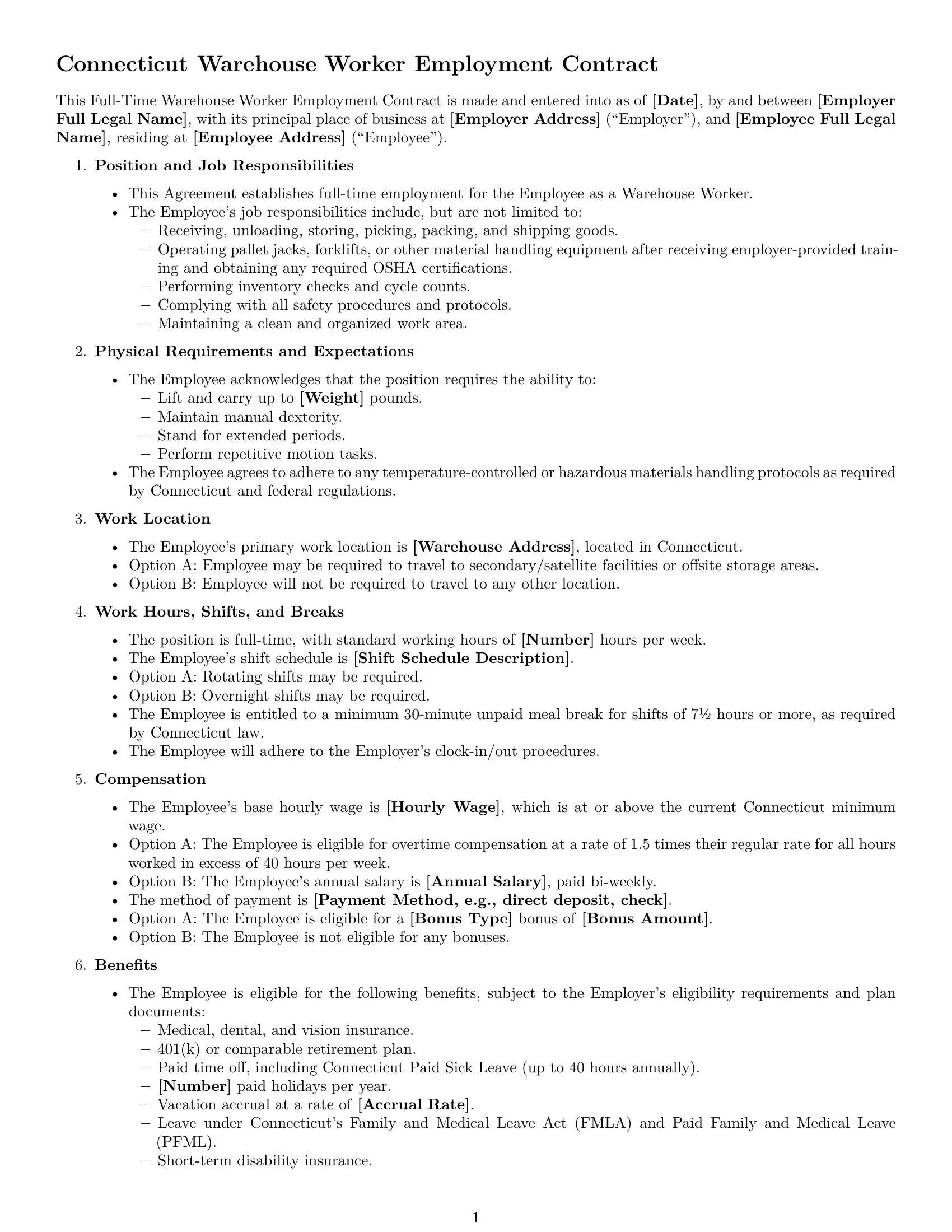 Preview page 1 of Free Connecticut warehouse worker employment contract template