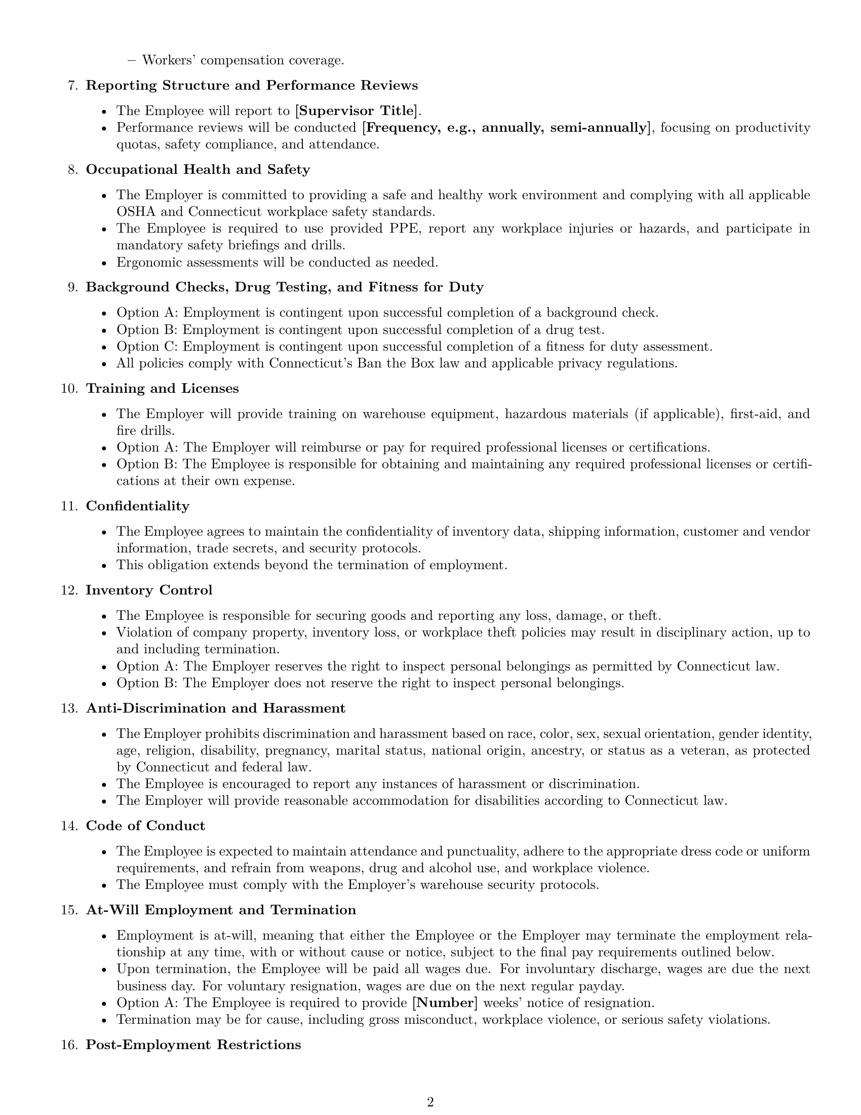 Preview page 2 of Free Connecticut warehouse worker employment contract template