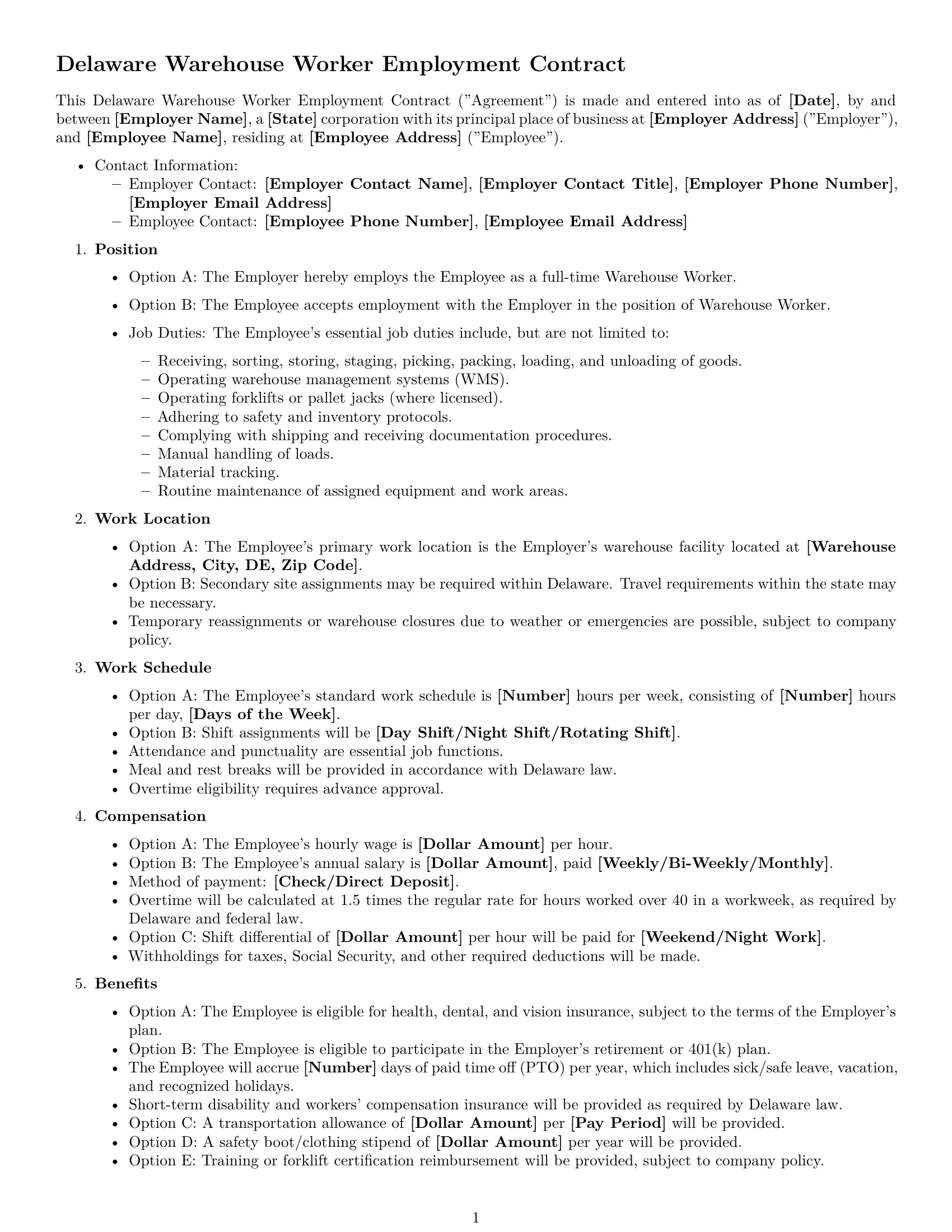 Preview page 1 of Free Delaware warehouse worker employment contract template