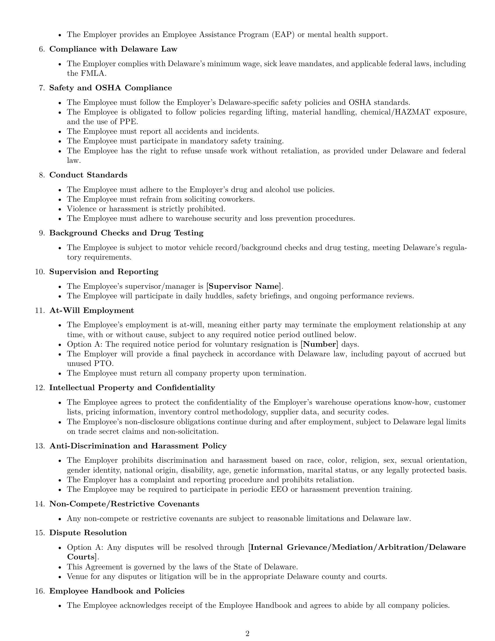 Preview page 2 of Free Delaware warehouse worker employment contract template