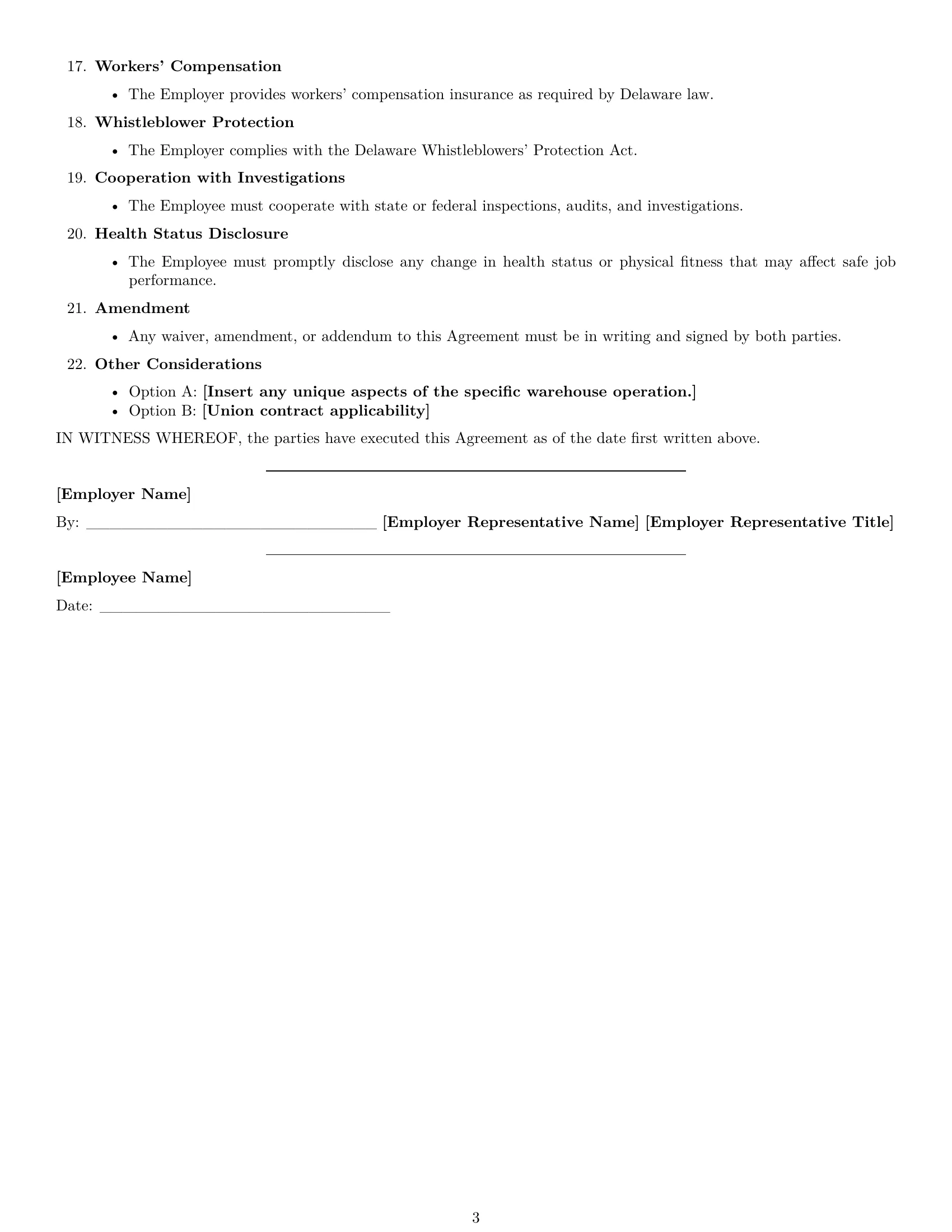 Preview page 3 of Free Delaware warehouse worker employment contract template